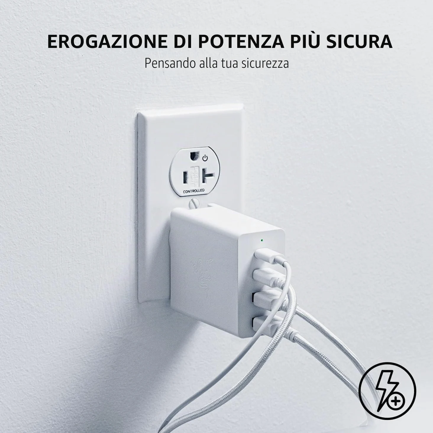Razer Caricabatterie USB-C GaN - USB-C 130W GaN Charger, Caricatore rapido portatile (2X USB-C, 2X USB-A con porte USA, UE e UK) Bianco