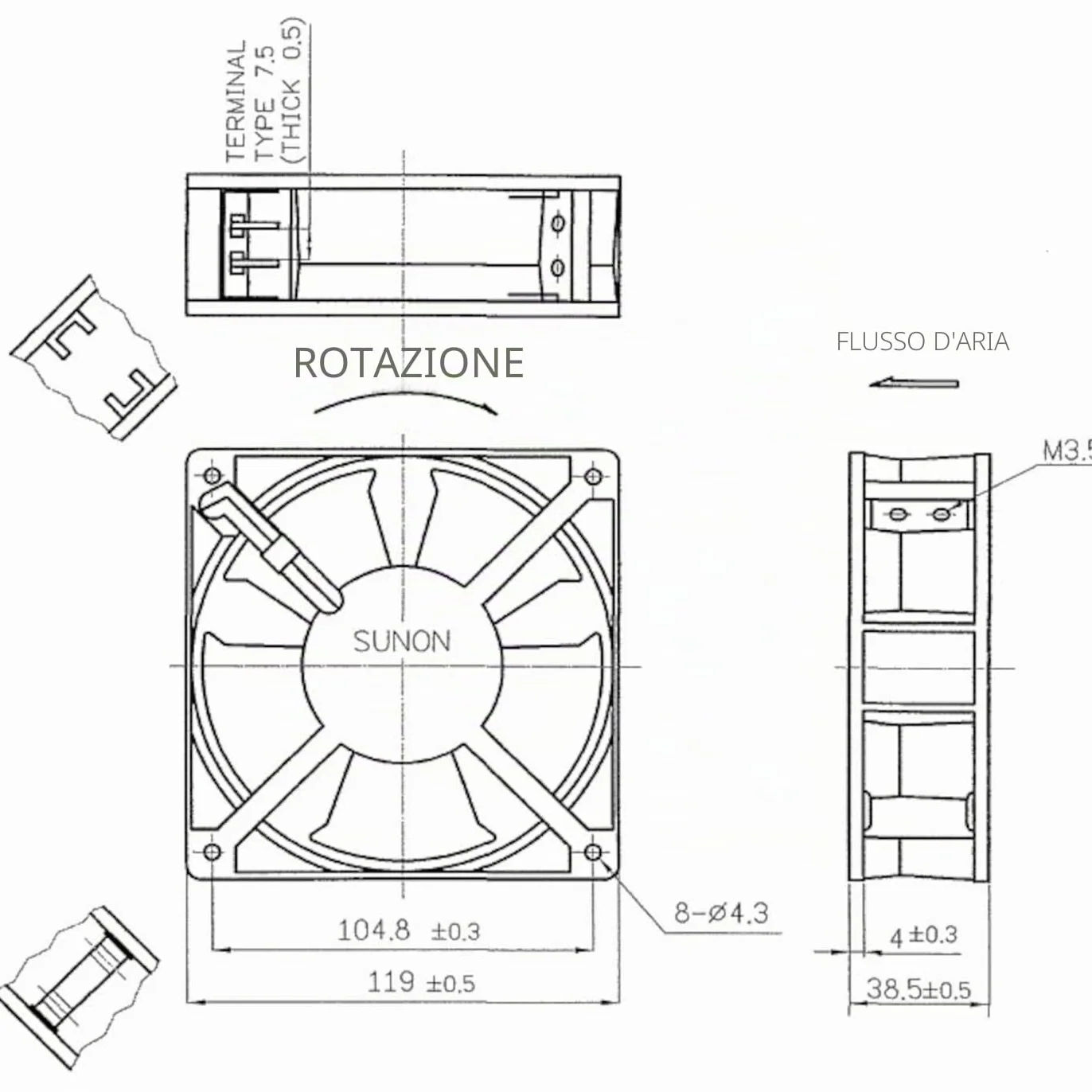 Sunon, DP200A2123XST, ventola (120 x 120 x 38 mm, AC 230 V, 2700 U/min, 44dba cuscinetto di slittamento)
