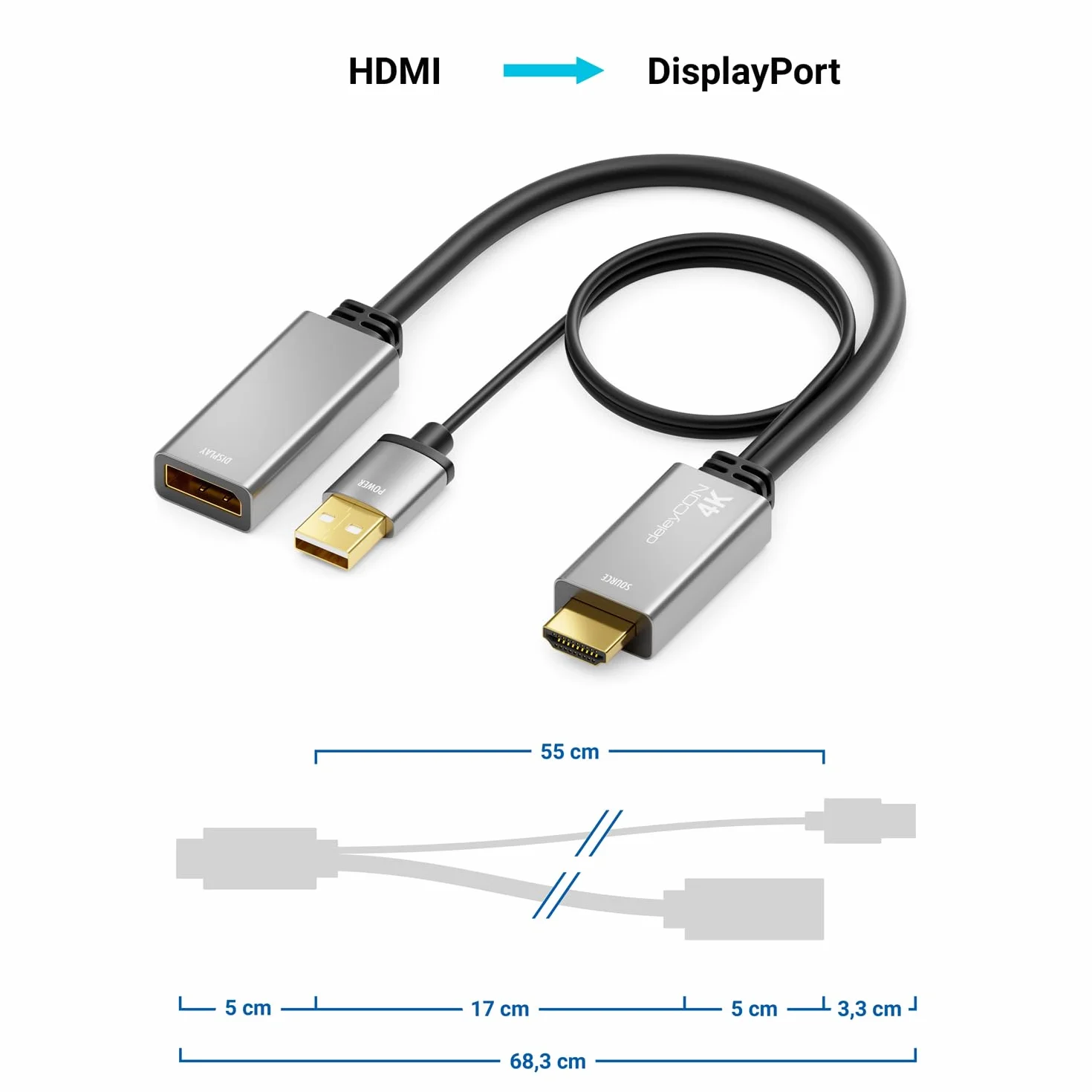 deleyCON Adattatore da HDMI a DisplayPort 4K (per Monitor DisplayPort) 4K@60Hz HDR - Alloggiamento in Alluminio - Cavo Convertitore per PS4 PS5 XBOX PC Computer Notebook Monitor