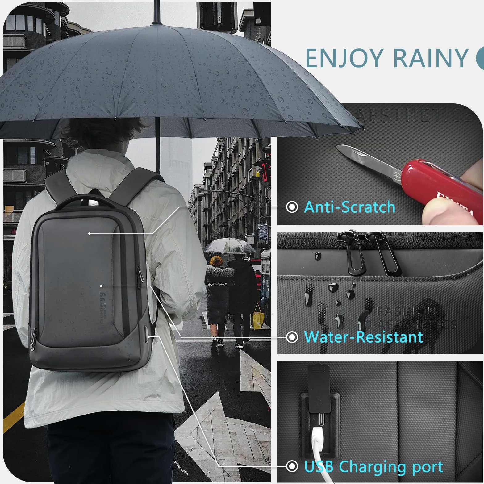 hk Zaino per laptop da uomo con porta di ricarica USB, impermeabile, per computer da 15,6 pollici, resistente, high-tech, zaino casual per lavoro, università, weekender, viaggi, grigio scuro, grigio