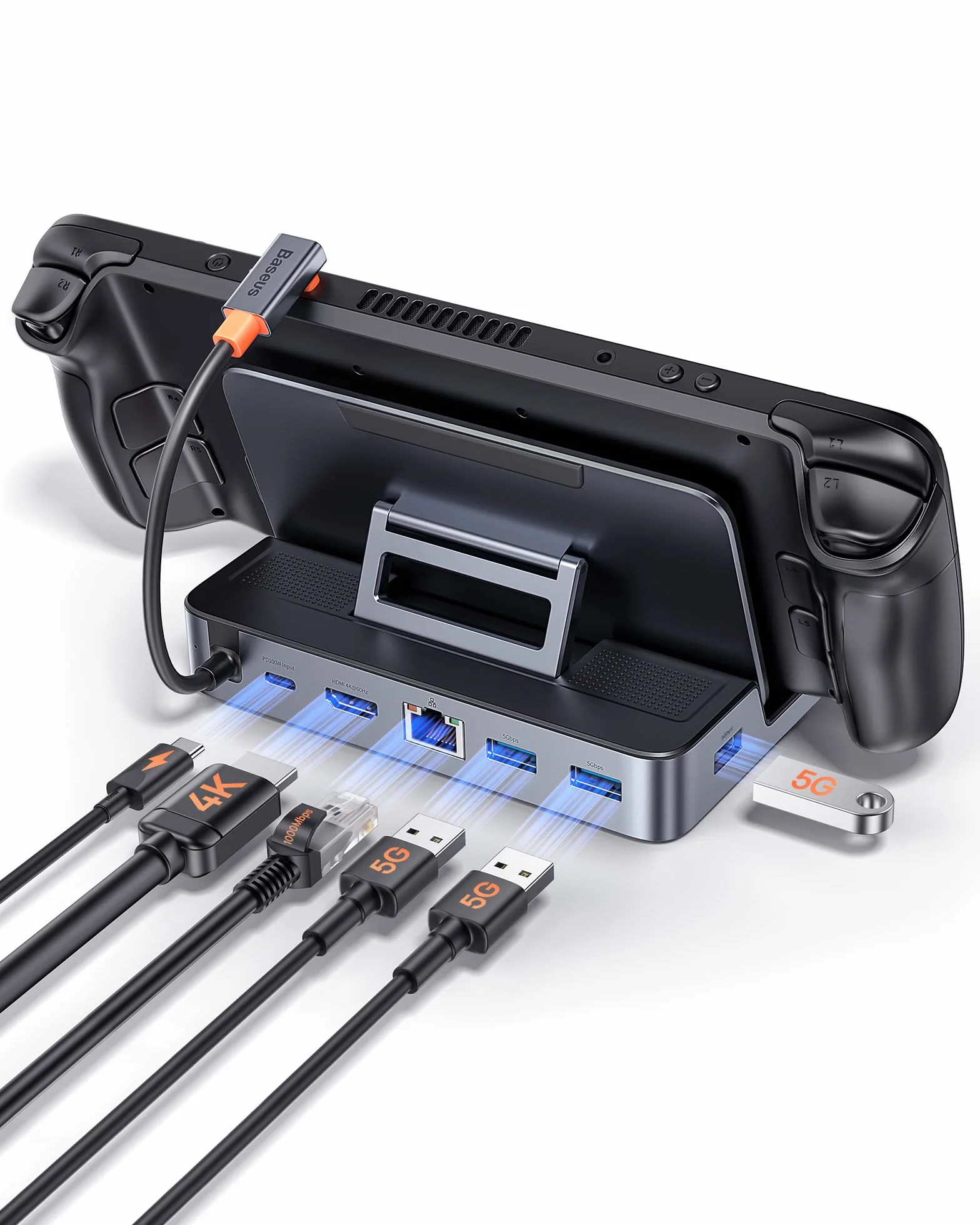 Baseus Steam Deck Dock, Docking Station 6-in-1 Per Steam Deck USB C Con HDMI 4K@60Hz, 3 Porte USB-A 3.0, Design Del Supporto Regolabile E PD 100W Per Ricarica Rapida