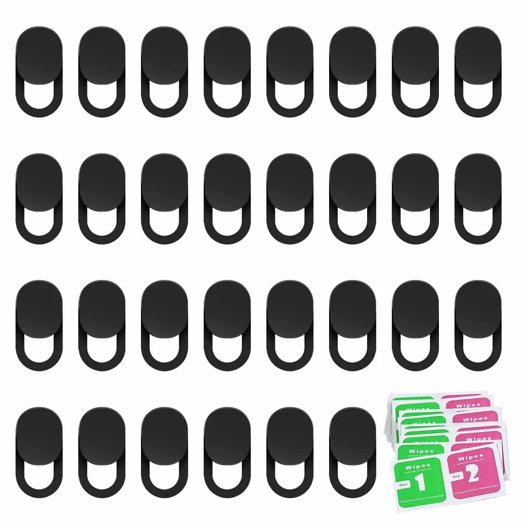 Copri Webcam 30 Pezzi con Salviette Detergenti, Copertura Fotocamera Laptop Nera Ultra Sottile, Set Protezione per PC e Smartphone
