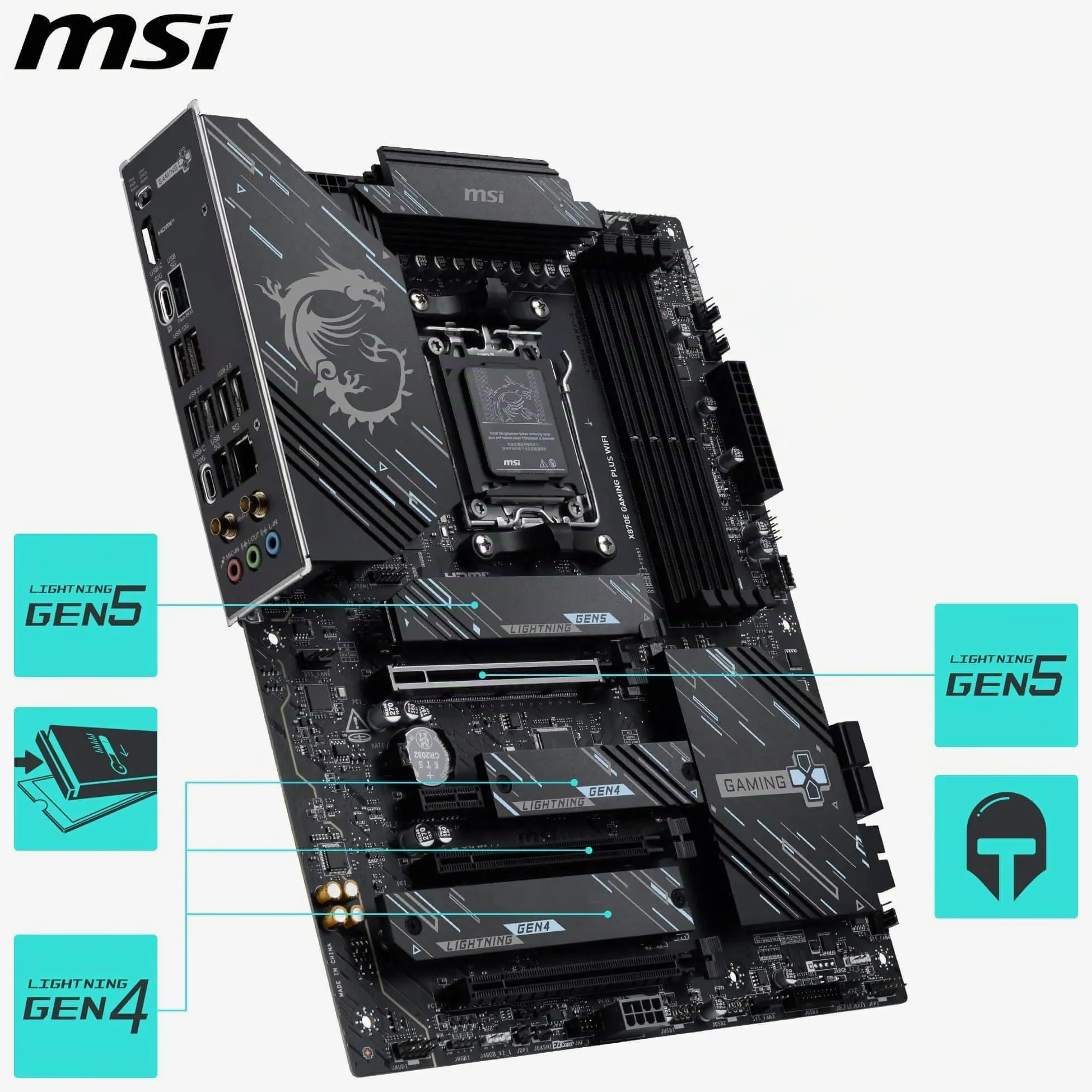 MSI Scheda madre X870E Gaming Plus WiFi, ATX - Supporta processori AMD Ryzen 9000/8000/7000, AM5-60A SPS VRM, DDR5 Memory Boost 8200+ MT/s (OC), PCIe 5.0 x16 e 4.0 x4, M.2 Gen5, Wi-Fi 7, 5G LAN