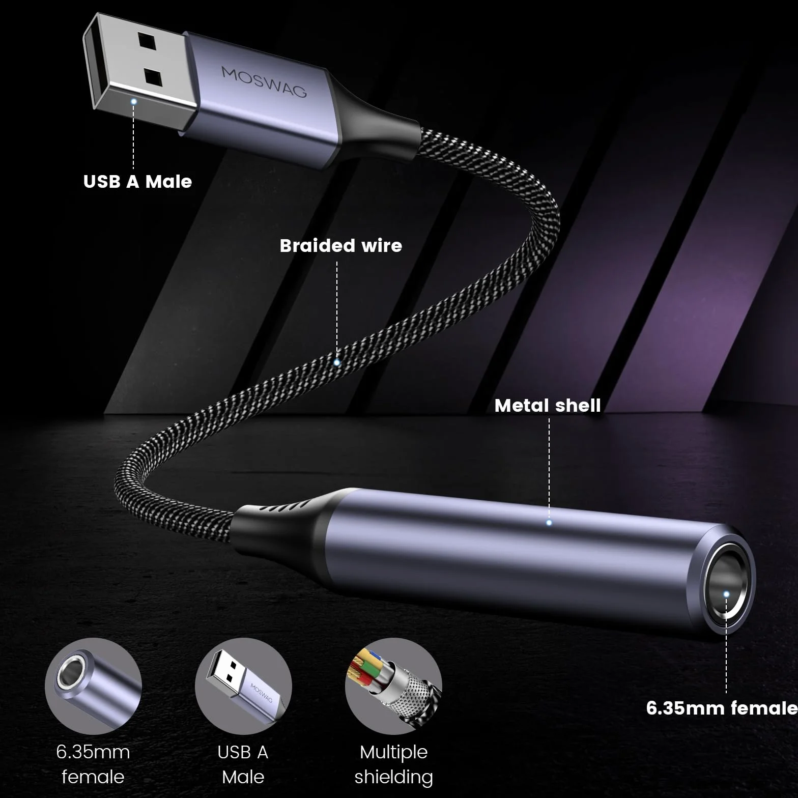 MOSWAG Adattatore Audio USB a Jack 6.35mm, AUX per Cuffie Con Scheda Audio Esterna Compatibile Con Laptop, PC, Amplificatore, Altoparlante