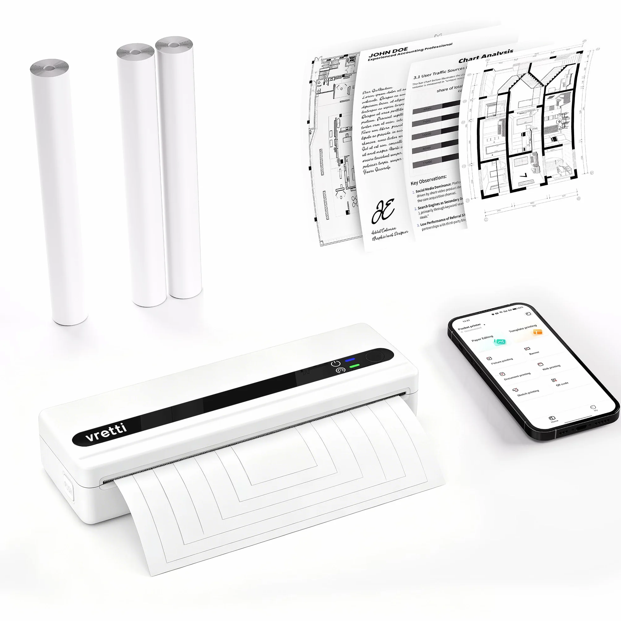 Stampante termica portatile PB821 Bluetooth per A4, iOS e Android, nero