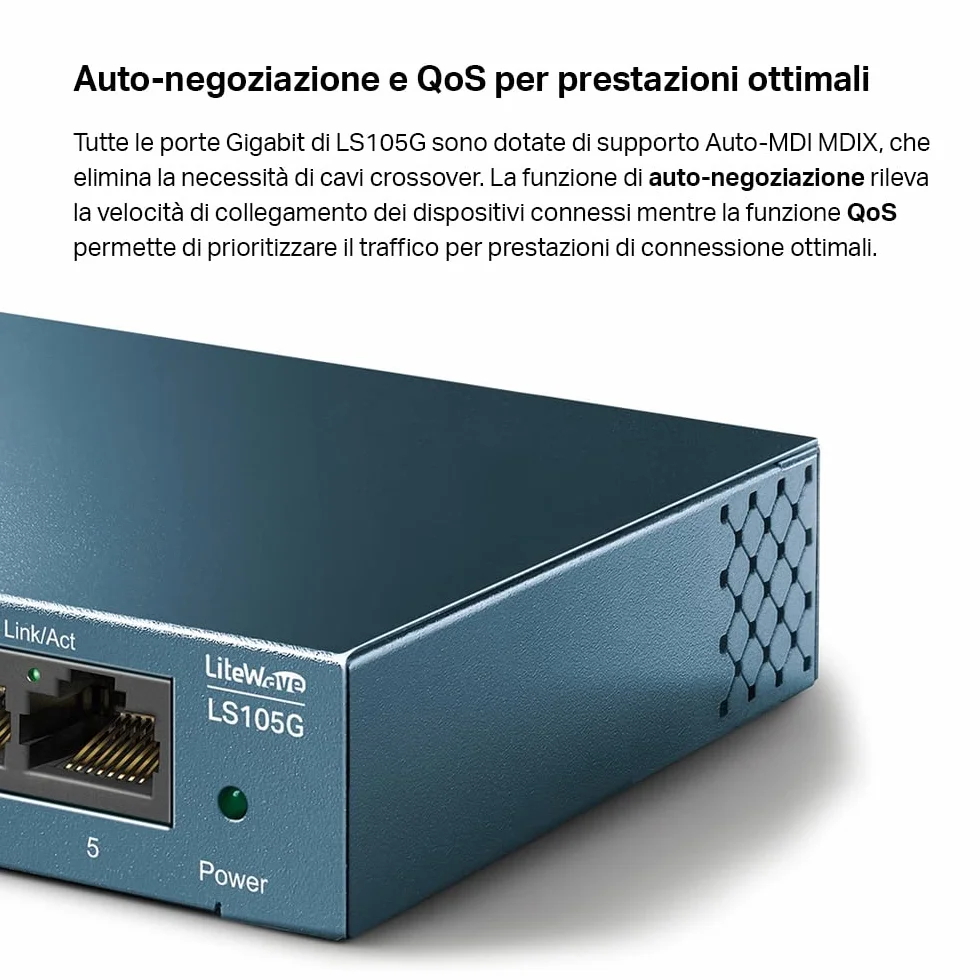 TP-Link Ls105G Switch Ethernet 5 Porte Gigabit, Sdoppiatore Ethernet, Struttura In Metallo, 802.1P/Dscp Qos, Funzionamento Silenzioso, Montaggio Desktop, Blu, ‎9.98 x 9.8 x 2.5 cm; 190 grammi