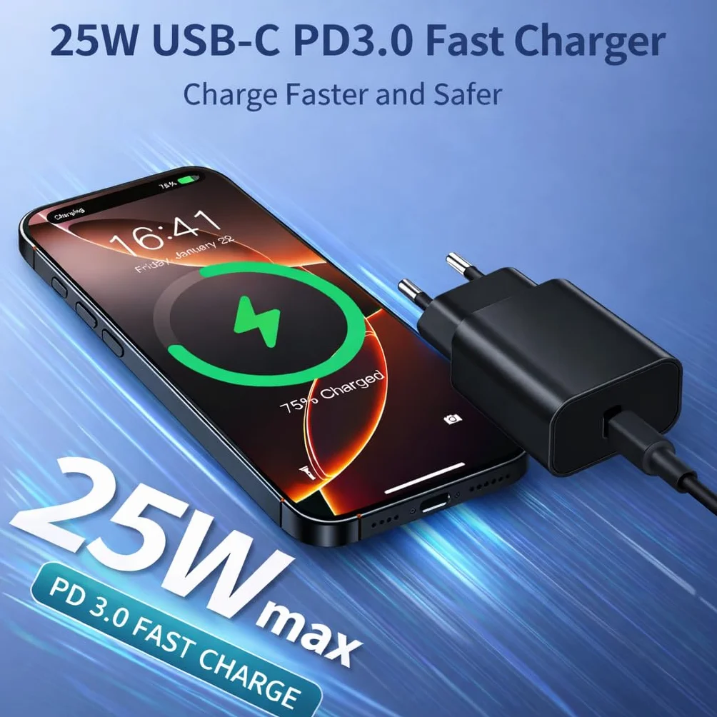 Caricatore Rapido USB-C 25W, Nero PD 3.0 Ricarica Rapida compatibile con iPhone 16/15/14/13/12, Galaxy S24/S23/S22/S21, Realme, iPad, Tablet Presa EU