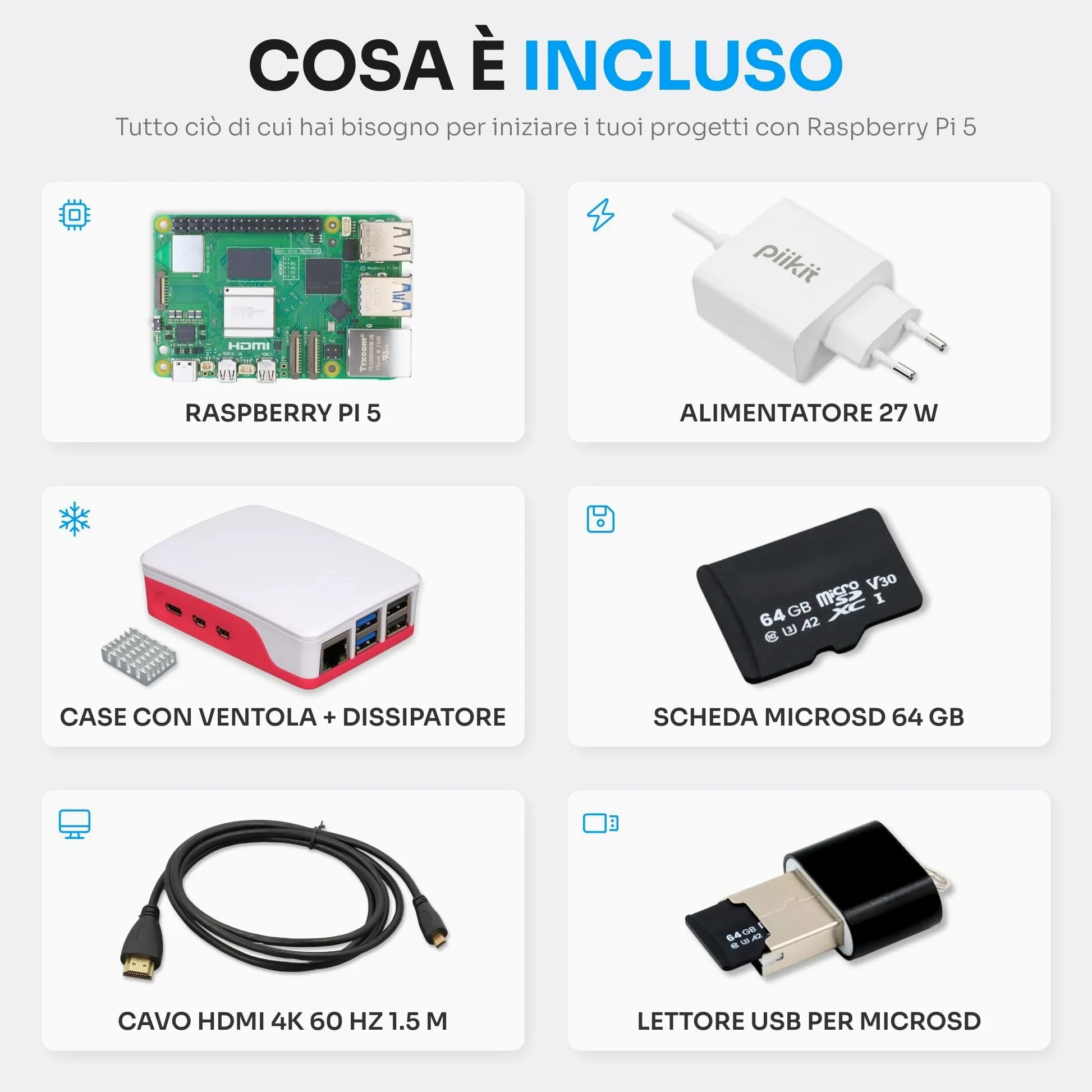 Starter Kit per Raspberry Pi 5 8 GB | Scheda MicroSD 64 GB | Alimentatore 27 W | Case con Ventola Integrata e Dissipatore di Calore | Cavo Micro-HDMI 4K 60 Hz