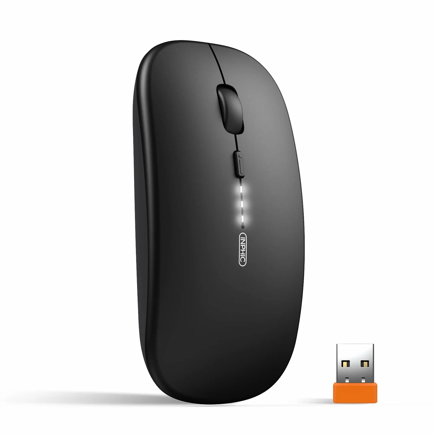 INPHIC Mouse wireless ricaricabile, ultra sottile 2.4G silenzioso mouse senza fili ottico 1600 DPI con ricevitore USB per laptop, MacBook, PC, Windows, ufficio, carica batteria visibile, nero