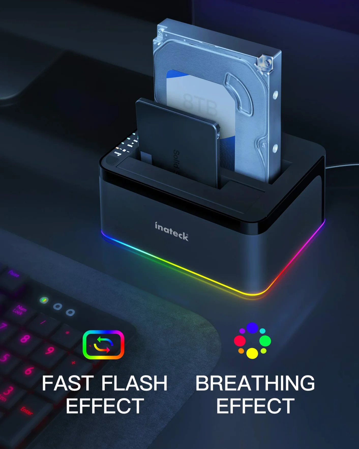 Inateck Stazione di aggancio (Docking Station) per disco rigido RGB SATA a USB 3.0 con clonazione non in linea (offline), per HDD e SSD da 2,5 e 3,5 pollici, supporto UASP, nero, SA02003