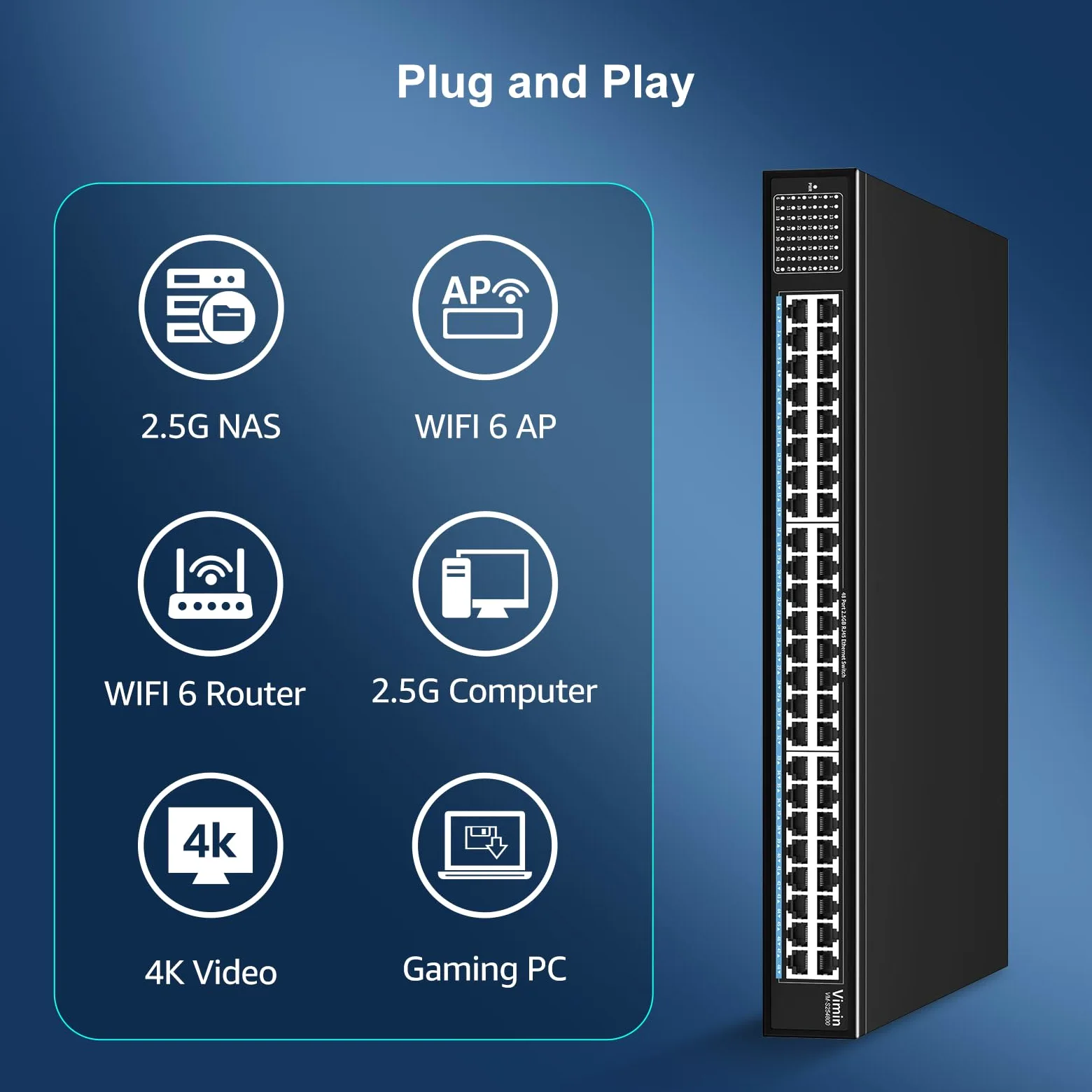VIMIN Switch Non Gestito a 48 Porte 2,5G, Switch Ethernet Base-T a 48 Porte 2,5GB, 2,5Gb Switch di Rete Plug & Play, Compatibile con 10M/100M/1000M/2,5G, capacità 240Gbps, per Nas, AP Wireless e PC