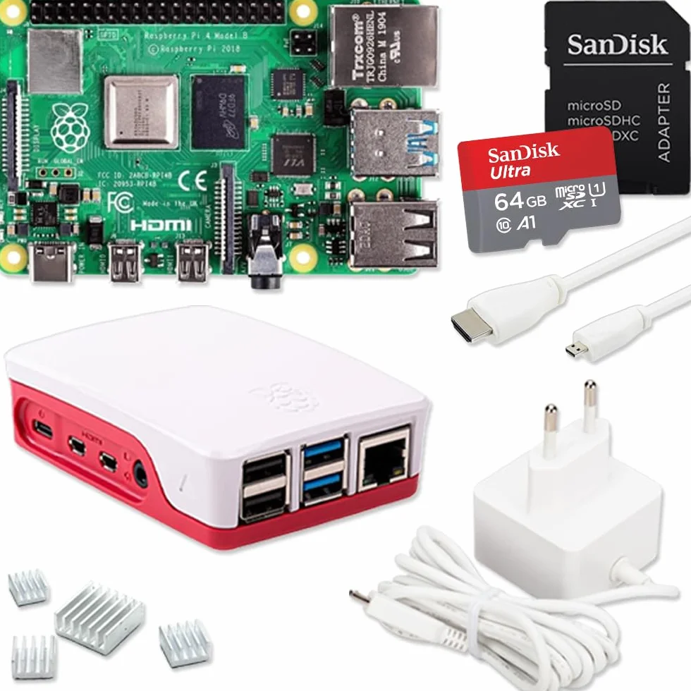 Raspberry Pi 4 8GB Starter Set | Scheda SD Ultra 64GB | Alimentatore USB-C 15W | Alloggiamento | Cavo Micro HDMI 4K | Set Dissipatore di Calore | Raspberry Pi 4 Model B 8GB RAM