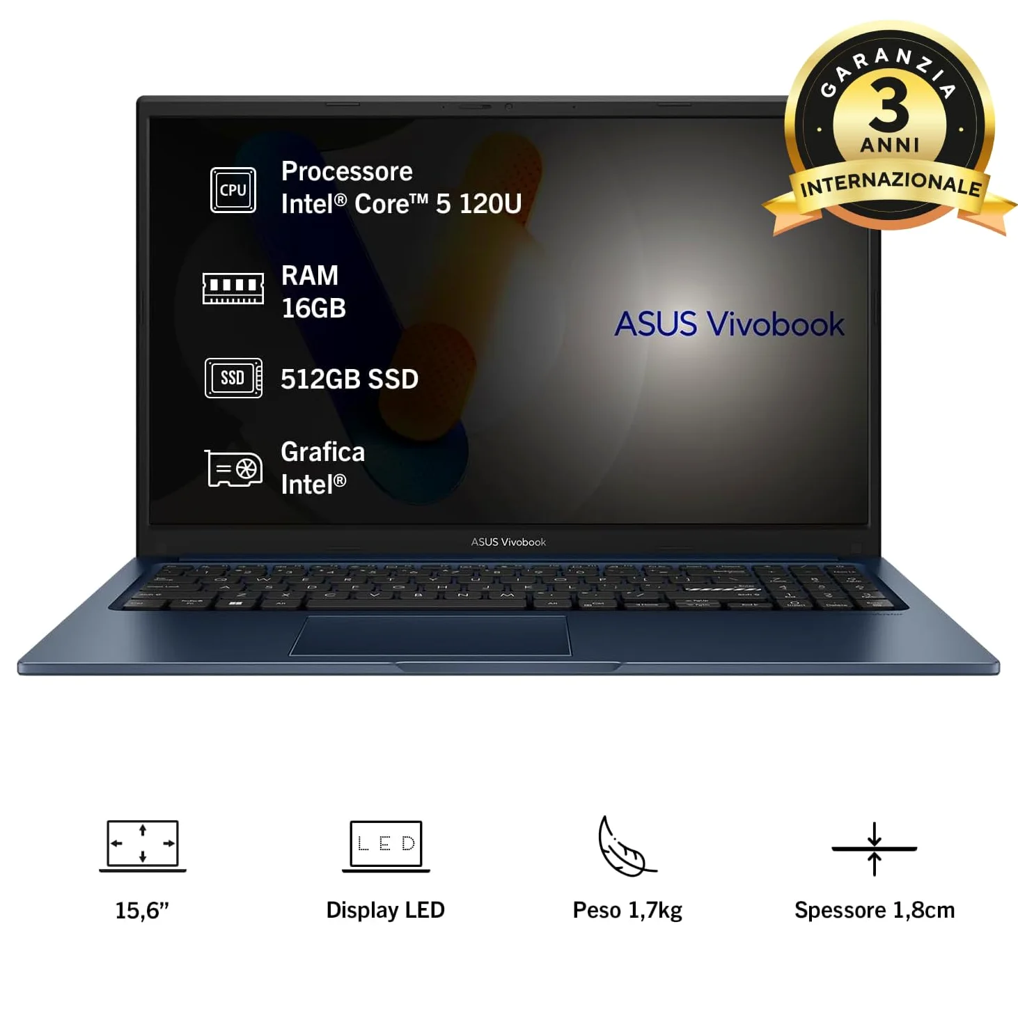 ASUS Vivobook 15 F1504VA Notebook 15.6" Anti-glare 60Hz Intel Core 5 120U RAM 16GB 512GB SSD Windows 11 Home Blu
