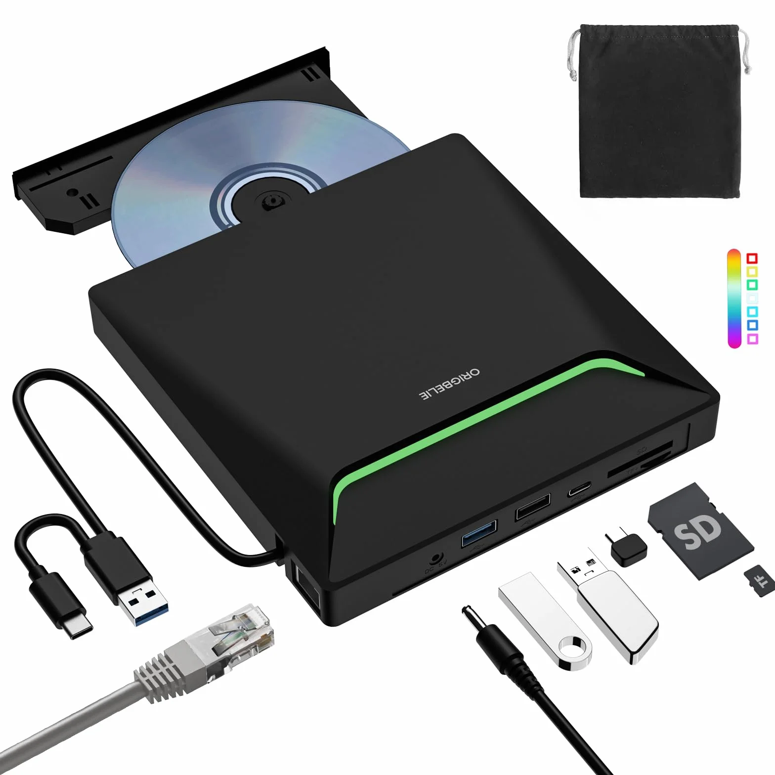 Nuovo Masterizzatore DVD Esterno, USB 3.0 Lettore DVD Esterno con Adattatore Ethernet RJ45, 3 Porte USB e 2 Porte TF/SD Card, Lettore CD Esterno per PC Portatile MacBook Pro/Air Windows Linux Mac OS