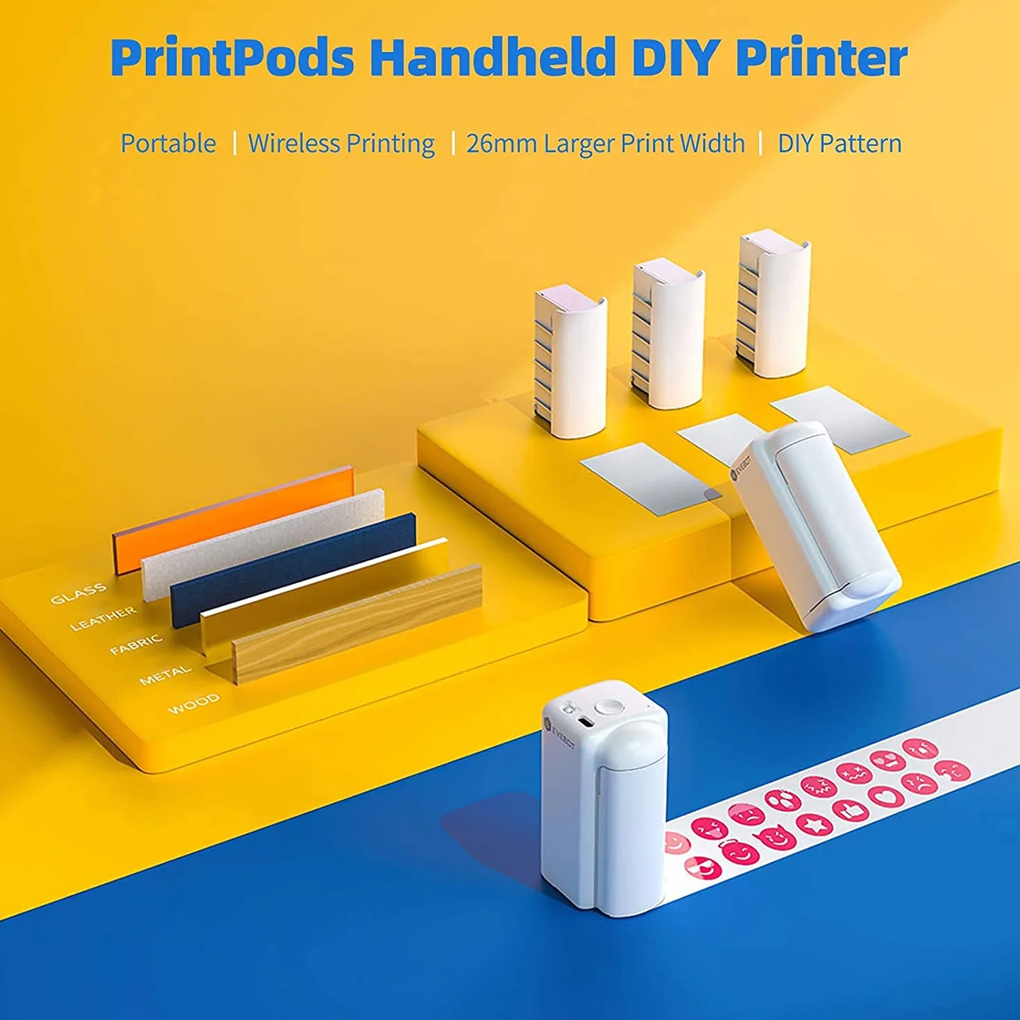 PrintPods Stampante Portatile Wi-Fi con Cartuccia di Inchiostro, Apk Smartphone Android: per stampare su carta, legno, vetro, vestiti e altro