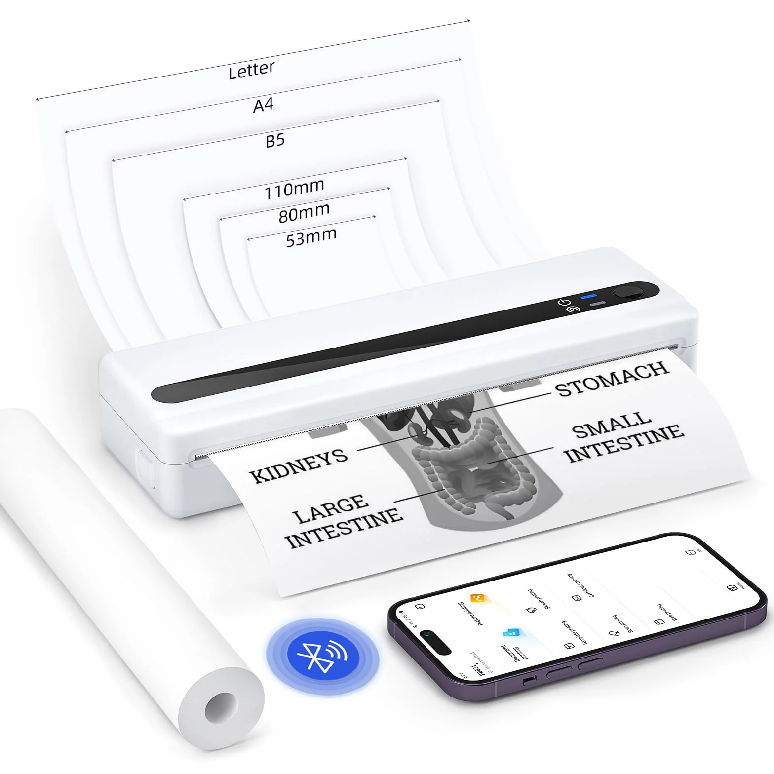 Stampante Termica Portatile A4 Bluetooth PB821, Compatibile Android iOS, Carta Termica 210x297 mm, Bianco