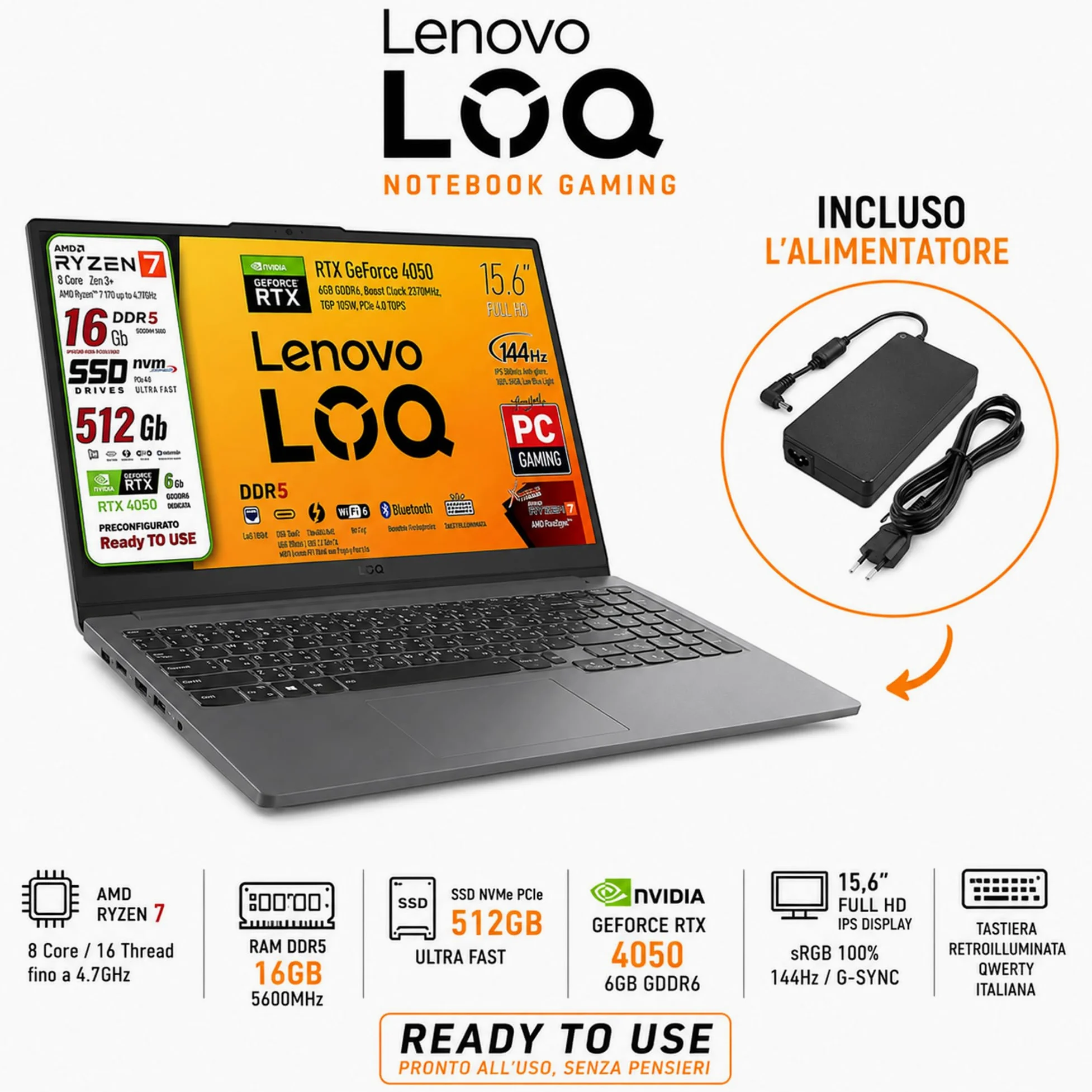 Lenovo Notebook Gaming Ryzen 7 170 GeForce RTX 4050 6GB, Display 15.6 144Hz | RAM DDR5 16GB, SSD 512GB, IPS 15,6" SRGB 100 144Hz G-SYNC Tastiera Retroilluminata, ready to Use, Include alimentatore