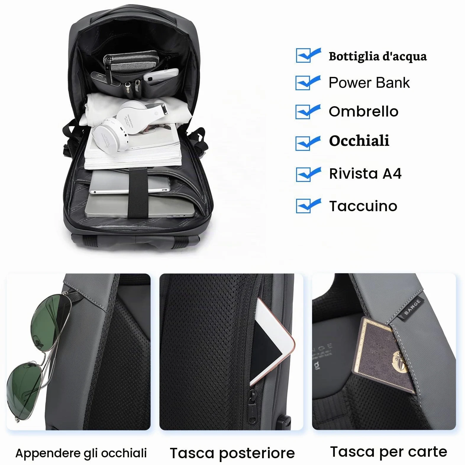 FANDARE Antifurto Zainetto Scuola con Porta USB Zaino per 15.6 Pollici PC Portatile da Uomo Donna Borsa Daypacks per Business Viaggio Lavoro Impermeabile Nero