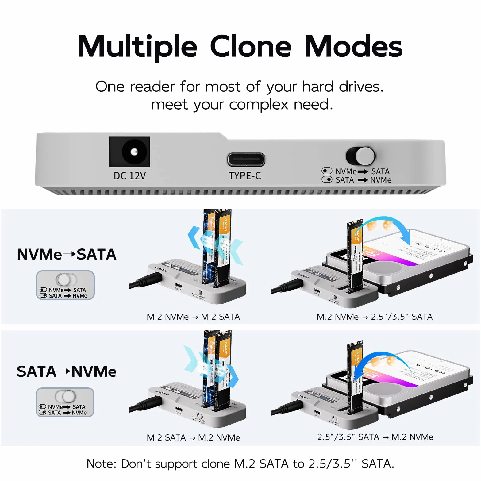 MAIWO M.2 NVMe/SATA e 2.5/3.5" SATA SSD/HDD Docking Station, Cloner per disco rigido per SSD/HDD da 2,5/3,5", adattatore M.2 SSD a USB A C Reader per chiave M Key B + M, USB3.2 Gen2x1 fino a 10 Gbps