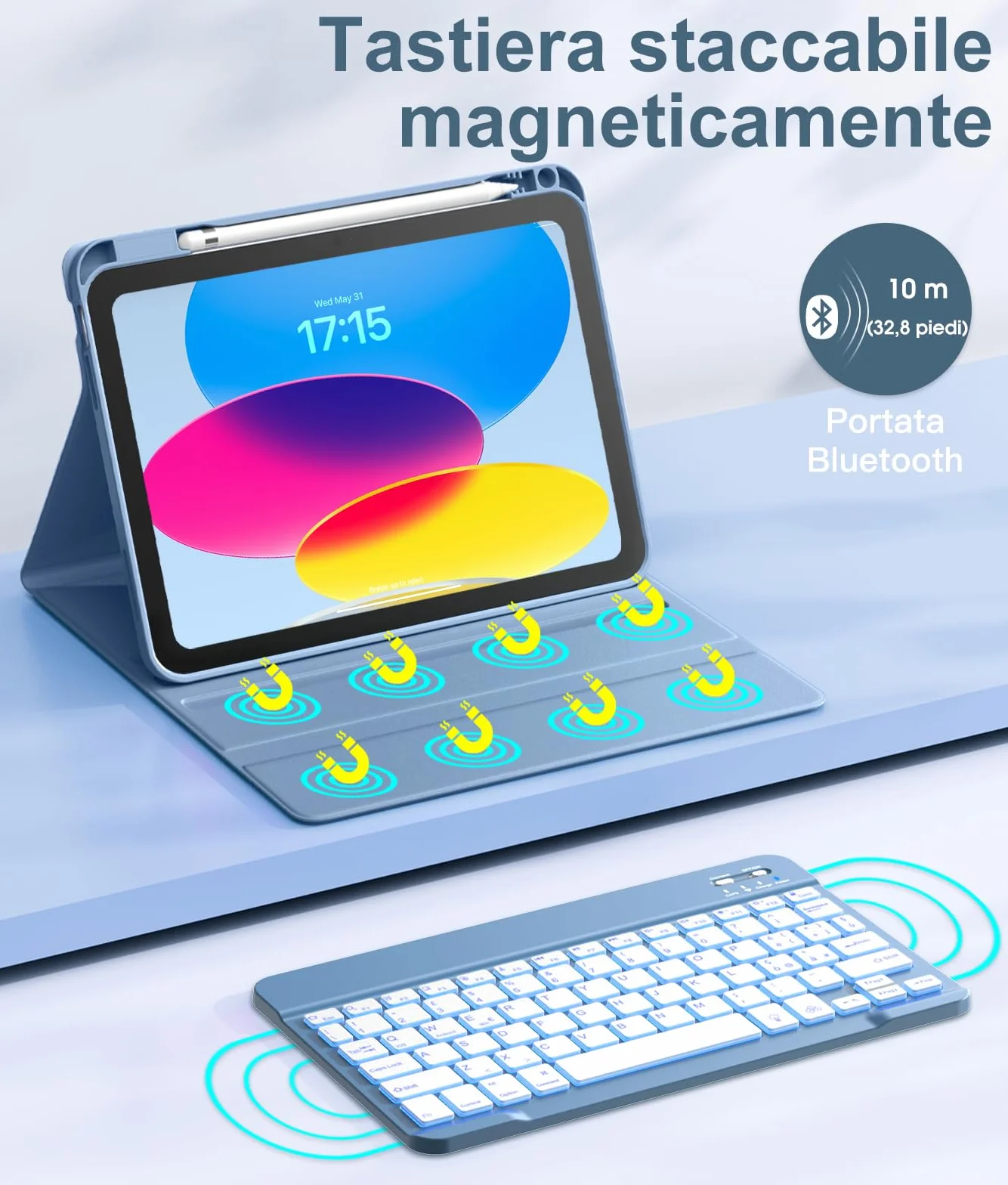 Vobafe Cover iPad 10 Generazione con Tastiera iPad A16 11 Generation (11/10.9 pollici, 2025/2022), Italiano QWERTY con 7 Colori Illuminato, Senza fili Staccabile Custodia con Portapenna, Blu