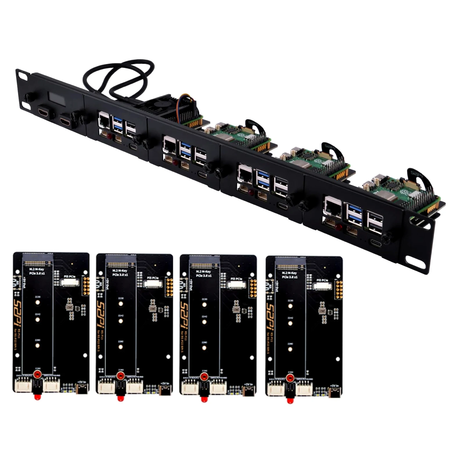 GeeekPi Supporto rack 1U da 19" per Raspberry Pi 5, con 4 adattatori SSD PCIe a M.2 NVMe, display OLED, può contenere fino a 4 schede Raspberry Pi 5, compatibile con server rack da 19"