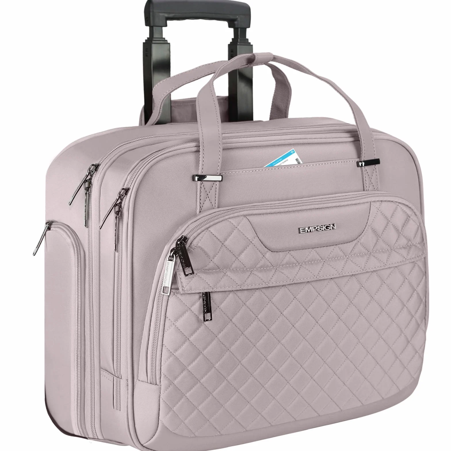 EMPSIGN Borsa porta PC con ruote da donna, cartella trolley per notebook 15,6 pollici, borsa con ruote idrorepellente per viaggio e lavoro, tasche RFID antifurto, grigia e rosa