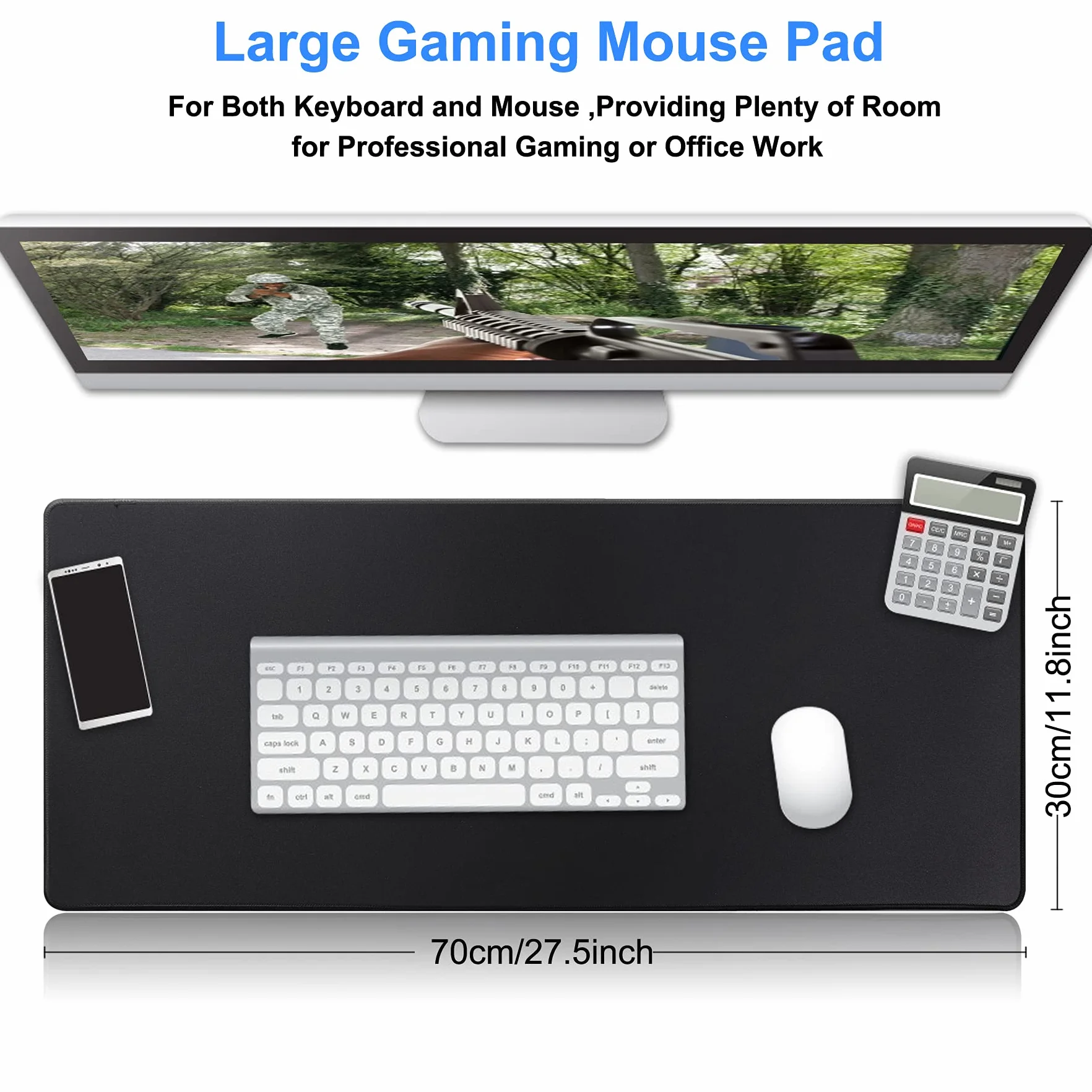 Tappetino per mouse da gioco,tappetino per mouse grande Dimensioni 70x30cm Spessore 3mm,Tappetino per computer antiscivolo e impermeabile con bordi cuciti per giochi/ufficio/casa-70x30 Black