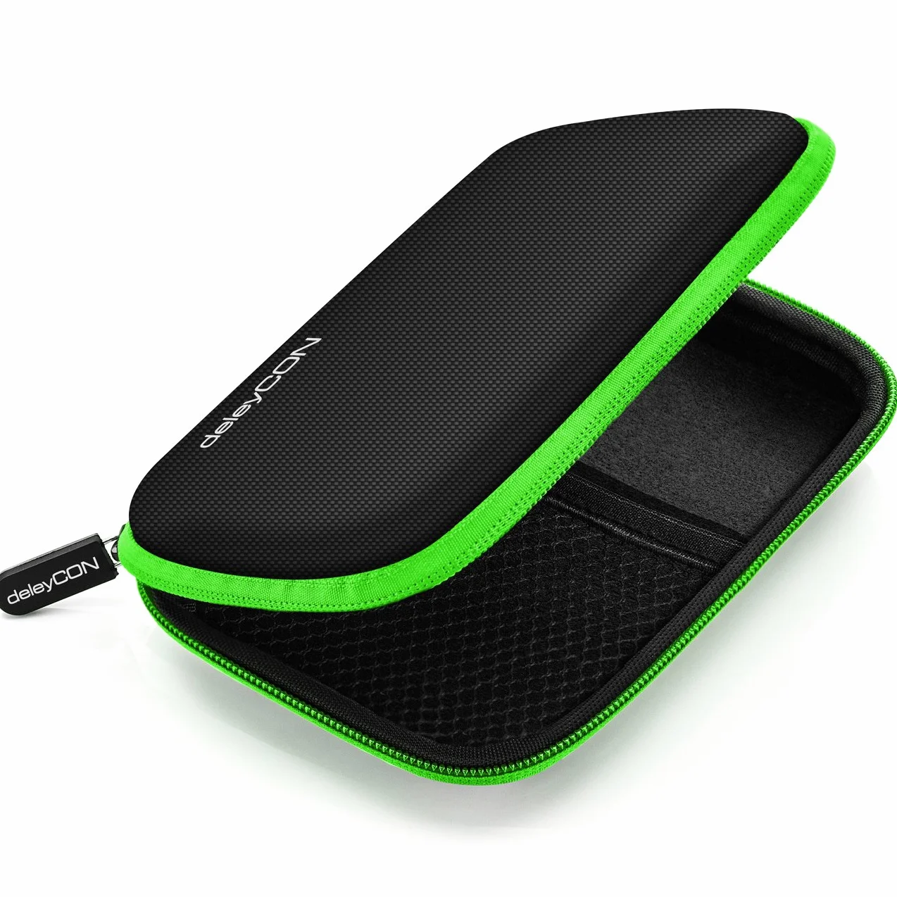 deleyCON Borsa del Disco Rigido Custodia HDD - Per Dischi Rigidi da 2,5" Pollici e SSD - Robusto e Antiurto - 2 Scomparti Interni con Tasche a Rete - Verde