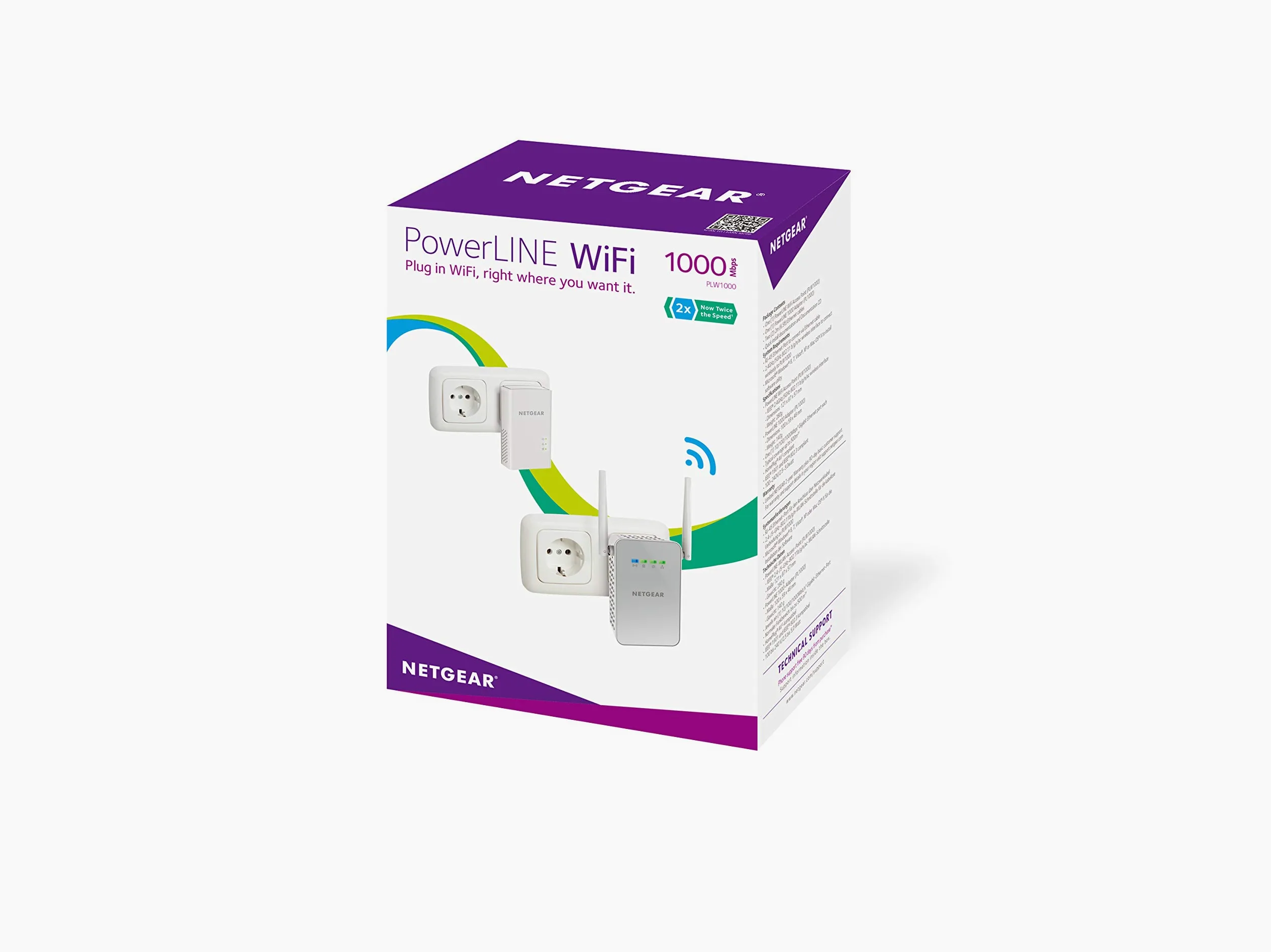 Netgear Plw1000-100Pes Adattatori Powerline Av1000, Wireless Ac Dual Band, 2 Porte Gigabit Totali, 2 Pezzi, Bianco, Ethernet