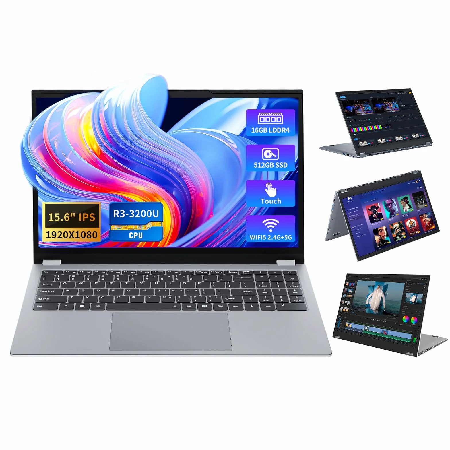 PC Portatile 2 in 1 da 15,6", Computer Portatile 16GB RAM 512GB SSD, Ryzen 3-3200U CPU Notebook Scheda Grafica Radeon, Laptop Touchscreen con Rotazione 360°,Webcam, Wi-Fi5, BT5.1, RJ45, HDMI, Type-C