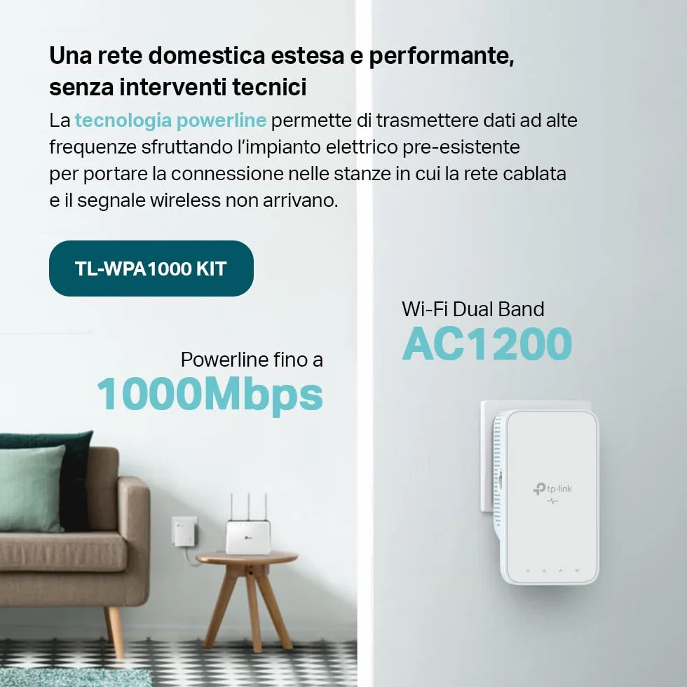 TP-Link TL-WPA1000 Kit Powerline, AV1000 Mbps su Powerline, AC1200 su WiFi Dual Band, 1 Porta Gigabit, Plug & Play, Homeplug AV2, Tecnologia OneMesh, Estendi Rete Tramite Impianto Elettrico