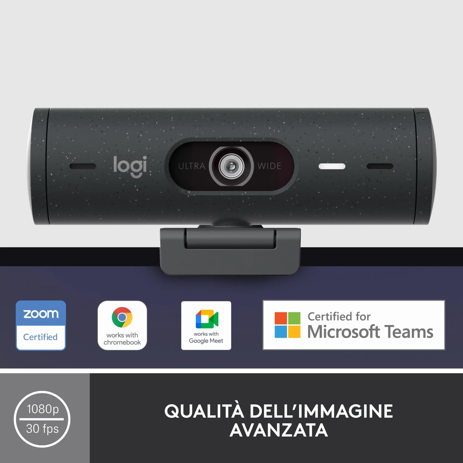 Logitech Brio 500 Webcam Full HD Correzione Luce, Show Mode, Microfono Riduzione del Rumore, Copertura Privacy, Streaming, Funziona con Microsoft Teams, Google Meet, Zoom, Cavo USB-C - Grafite