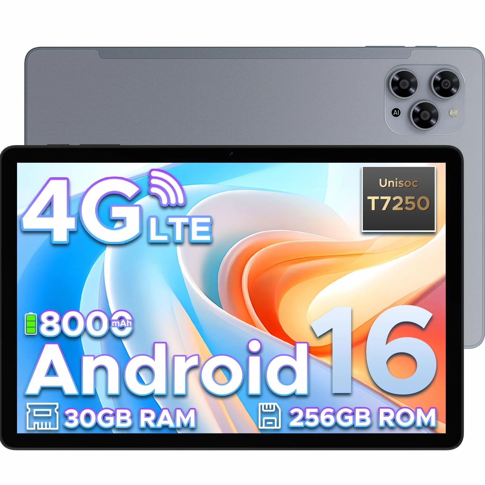 TAB G6 Android 16 Tablet 11 Pollici, 4G LTE 90Hz, 30GB RAM+256GB ROM/TF 2TB, Octa-Core Tablet con Sim, 8000mAh/Gemini AI/Widevine L1/13MP+5MP/OTG/BT5/FACE ID/Doppi altoparlanti/3.5mm Jack-Grigio