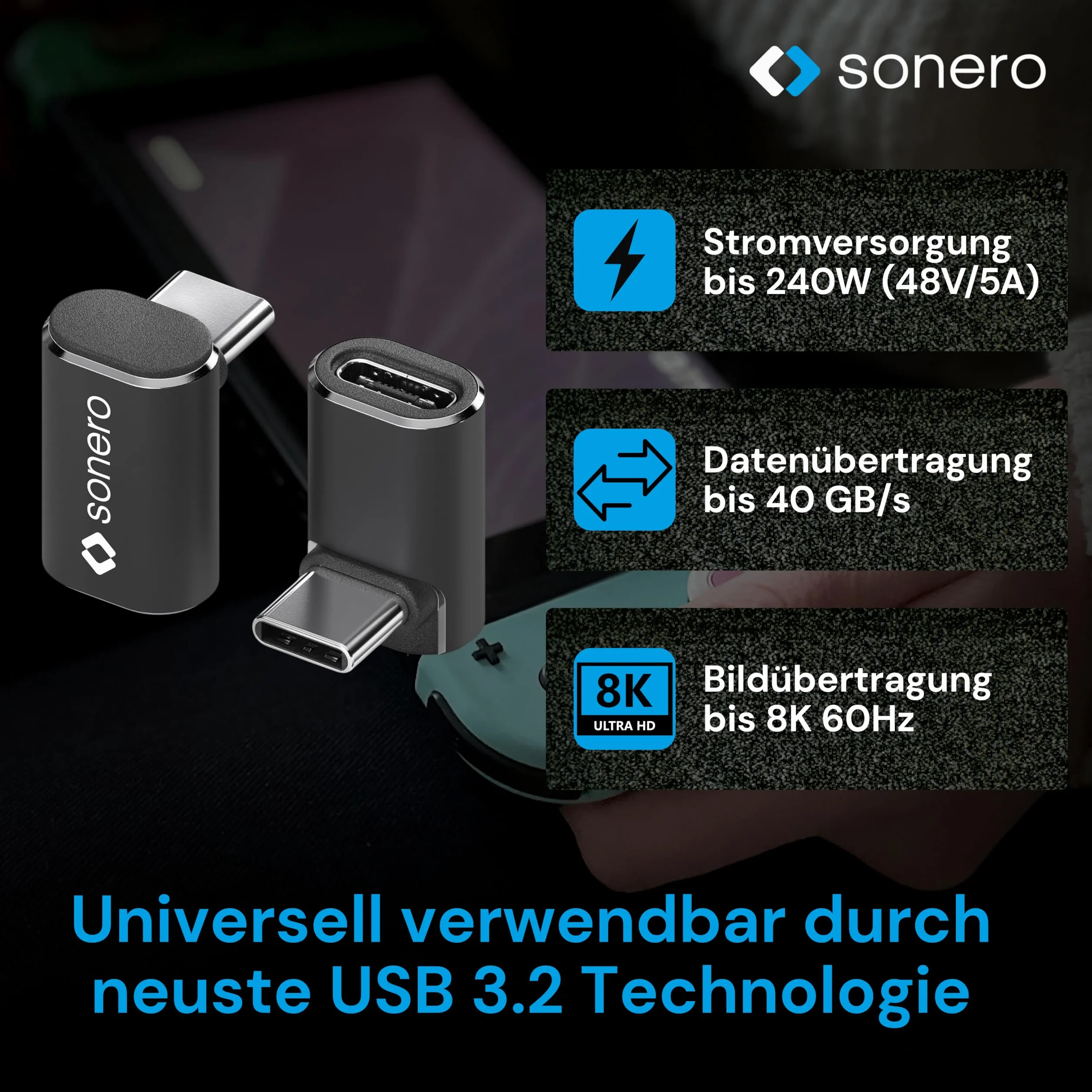 Sonero USB-C maschio a presa USB-C inclinata a 90°, adattatore, 40 Gbps, 240 W, 8K60 Hz, alloggiamento in alluminio, nero