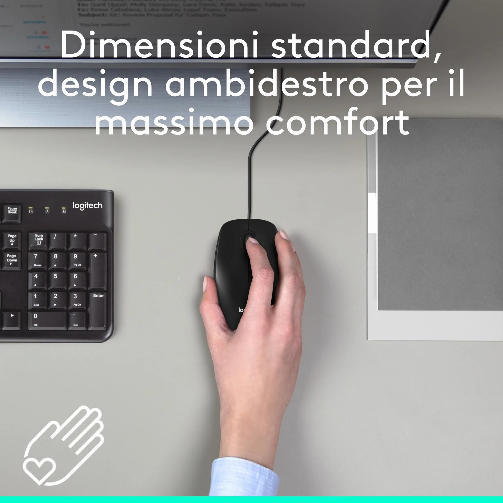 Logitech M100 Mouse USB con Cavo, 3 Pulsanti, Tracciamento Ottico 1000 DPI, Ambidestro, Compatibile con PC, Mac, Laptop, Nero