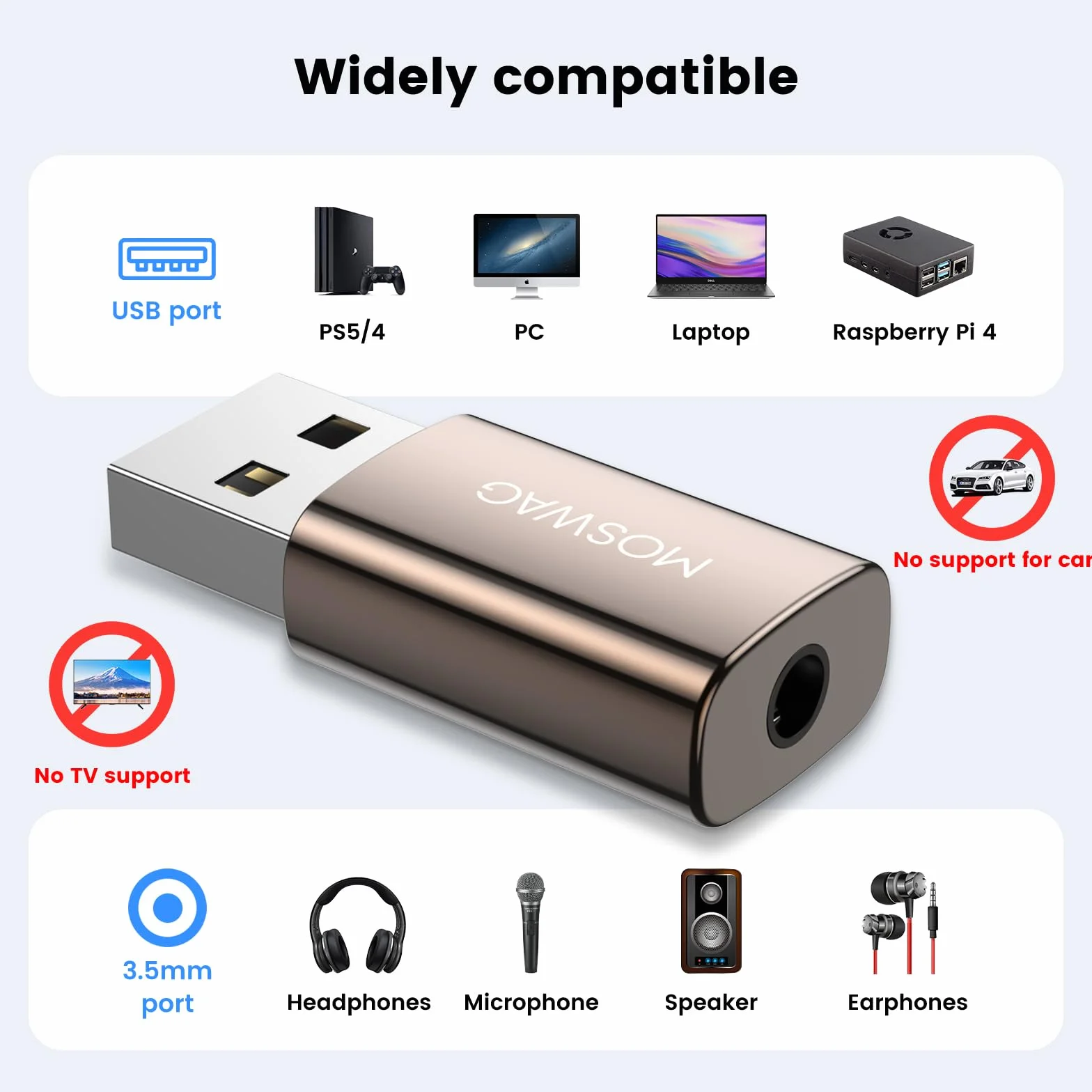 MOSWAG Adattatore audio da USB a jack da 3,5 mm, adattatore audio jack per scheda audio esterna, convertitore AUX per microfono TRRS USB compatibile con cuffie, PC, laptop, Mac, desktop, Linux, PS4 e