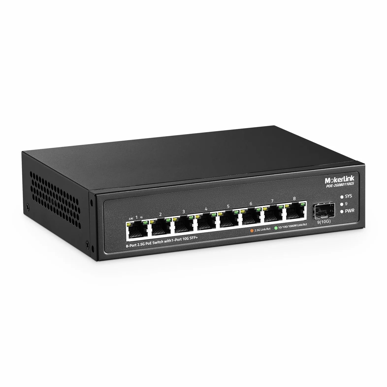 MokerLink Switch PoE a 8 porte 2,5 G con slot SFP+ 10 G, 8 porte Base-T da 2,5 G, compatibile con 10/100/1000 Mbps, IEEE8023af/at PoE 120 W, Metal Ungested Fanless Small Network Switch
