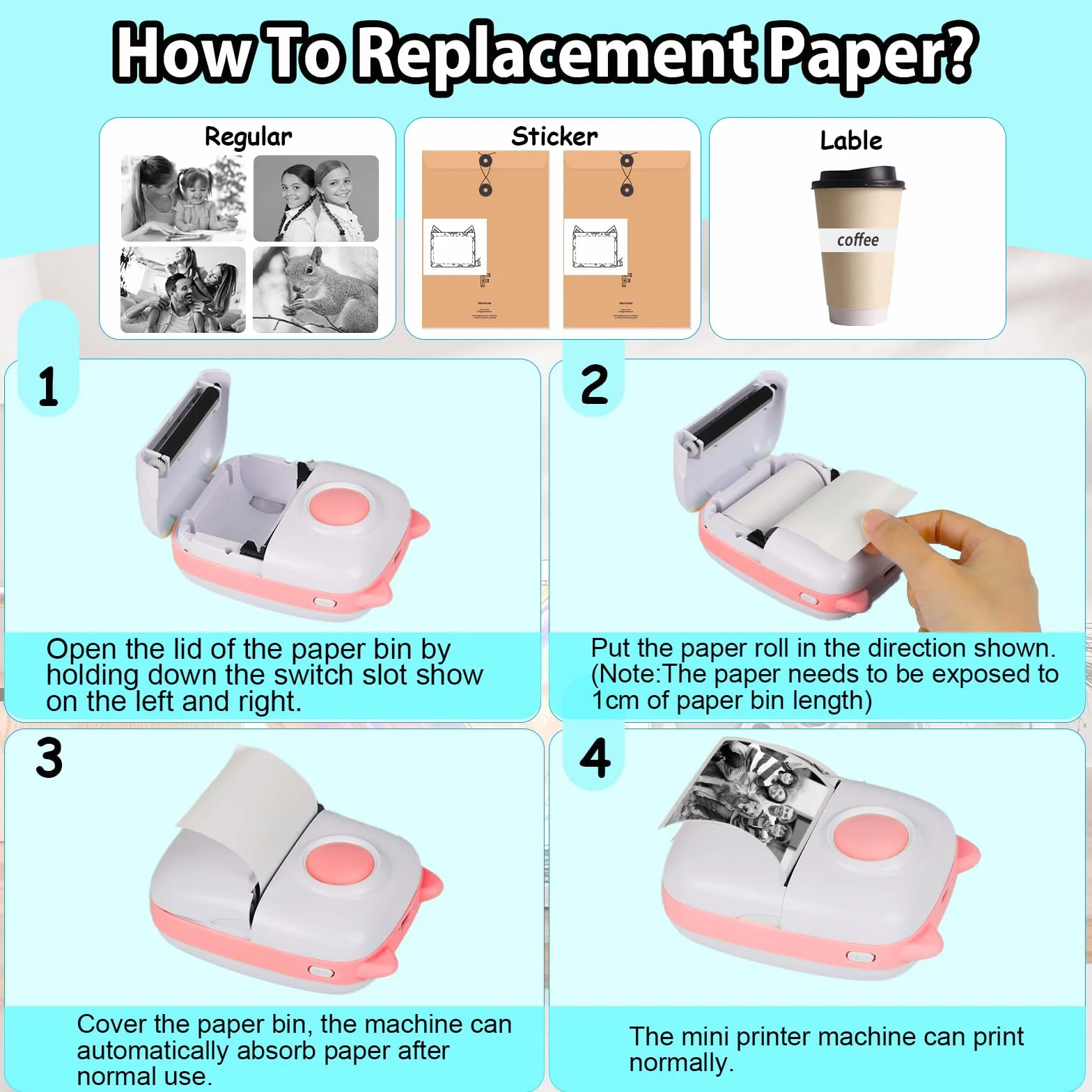 Mini Stampante Fotografica,Stampante Termica,immagine per foto, stampa di ricevute,stampante fotografica,con 10 rotoli di carta 1 adesivo per smartphone, per Fotografica Note Elenco Memo (Pink A)