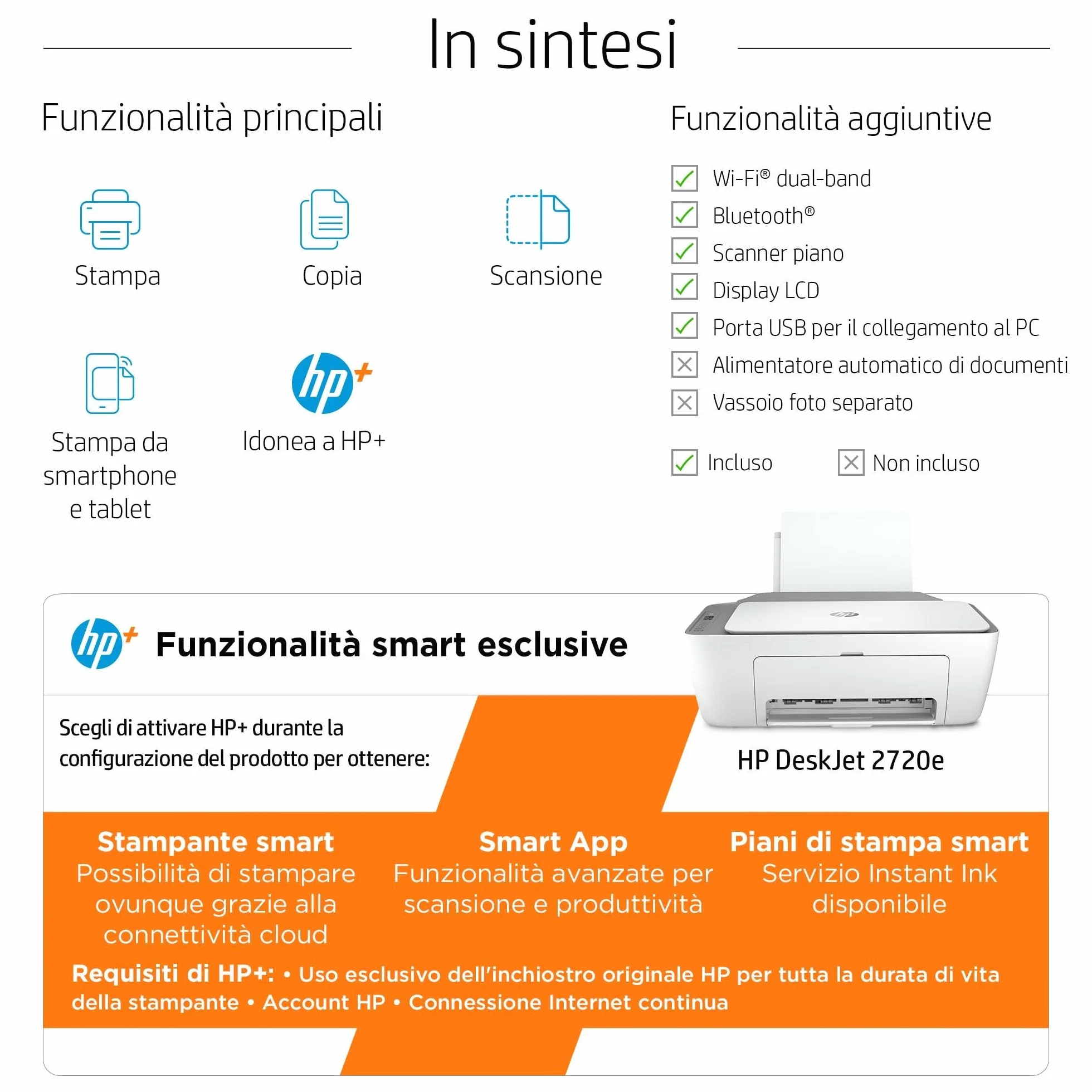 HP DeskJet 2720e 26K67B, Stampante Multifunzione a Getto d'Inchiostro A4 a Colori, Fronte e Retro Manuale, 7,5 ppm, Wi-Fi, 6 Mesi di Inchiostro Instant Ink Inclusi, Bianca