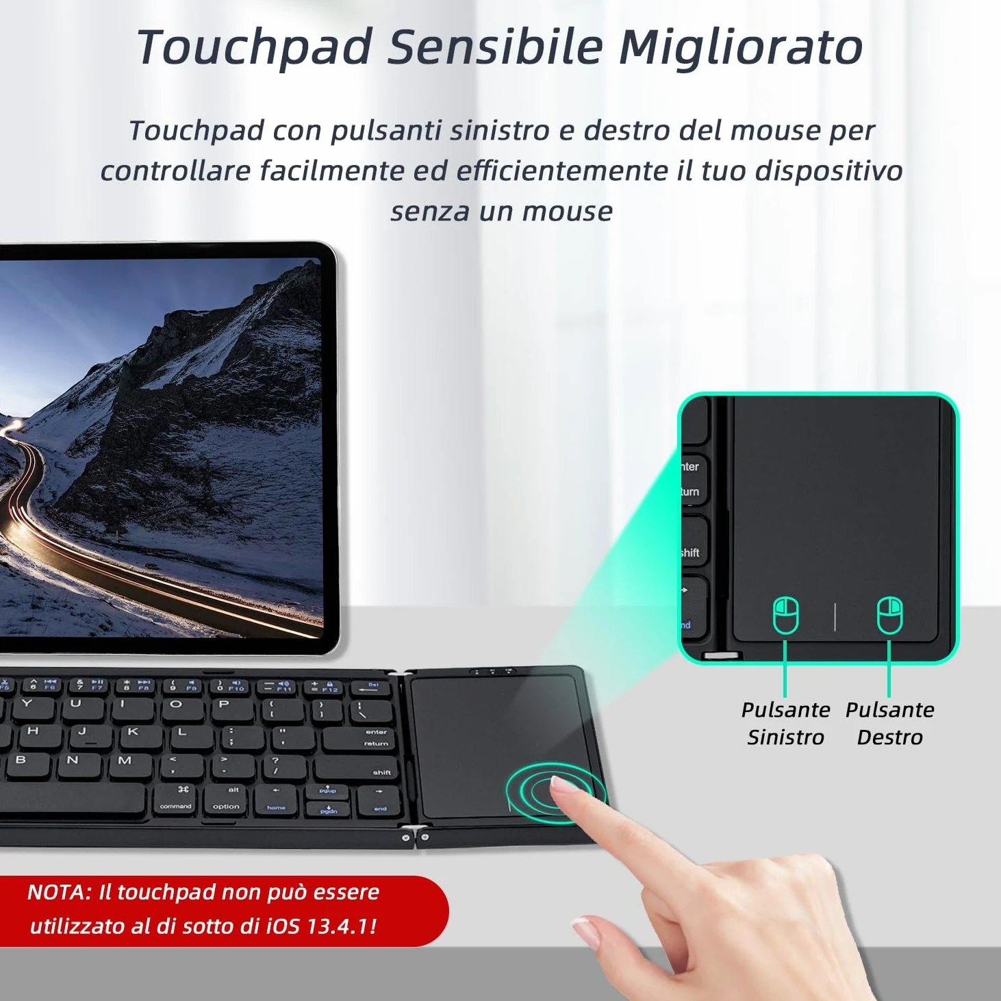 Mcbazel Tastiera senza fili pieghevole con touchpad per tablet/cellulare/PC, tastiera portatile senza fili ricaricabile supporta più dispositivi/iOS/Android/MacOS/Windows, Layout US – nero