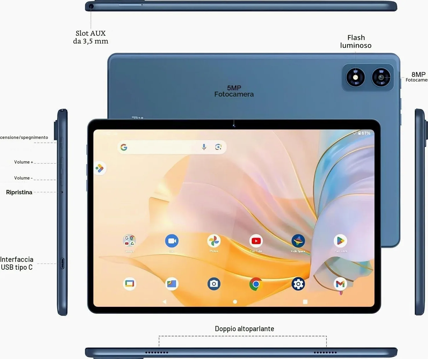 fezawio Tablet Android 10 pollici, 22 GB RAM + 128 GB ROM, Widevine L1, blu | con tastiera mouse, 8000 mAh, Octa-Core, 5G WiFi, 1 TB di memoria estesa, 5MP+8MP
