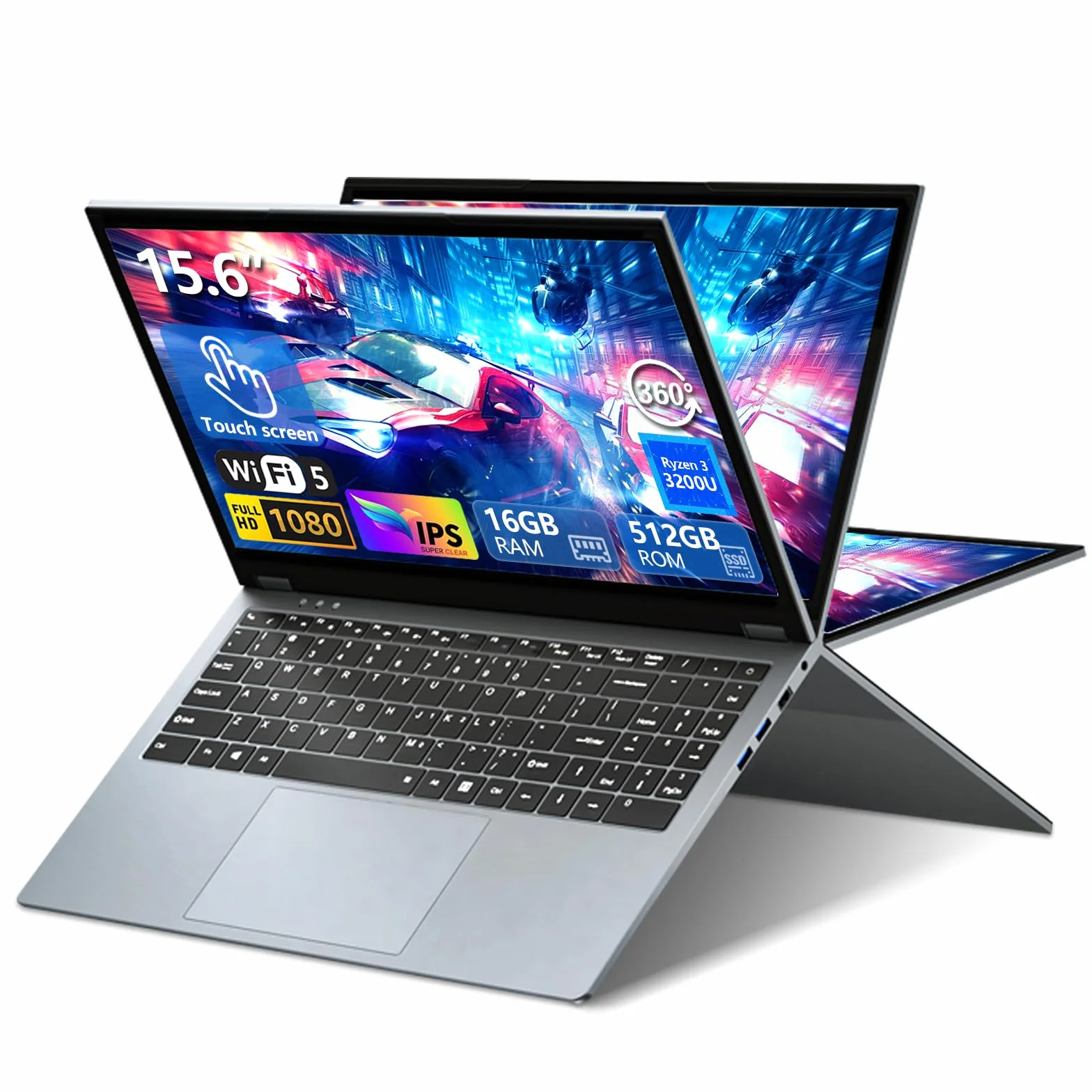 15,6 Pollici Notebook 2 in 1, Win11 PC Portatile 16GB RAM 512GB SSD, Laptop Ryzen 3 3200U CPU, 1080P Touchscreen Rotazione 360°, Notebook con Radeon Graphics GPU, RJ45+Type-C+Mini-HDMI