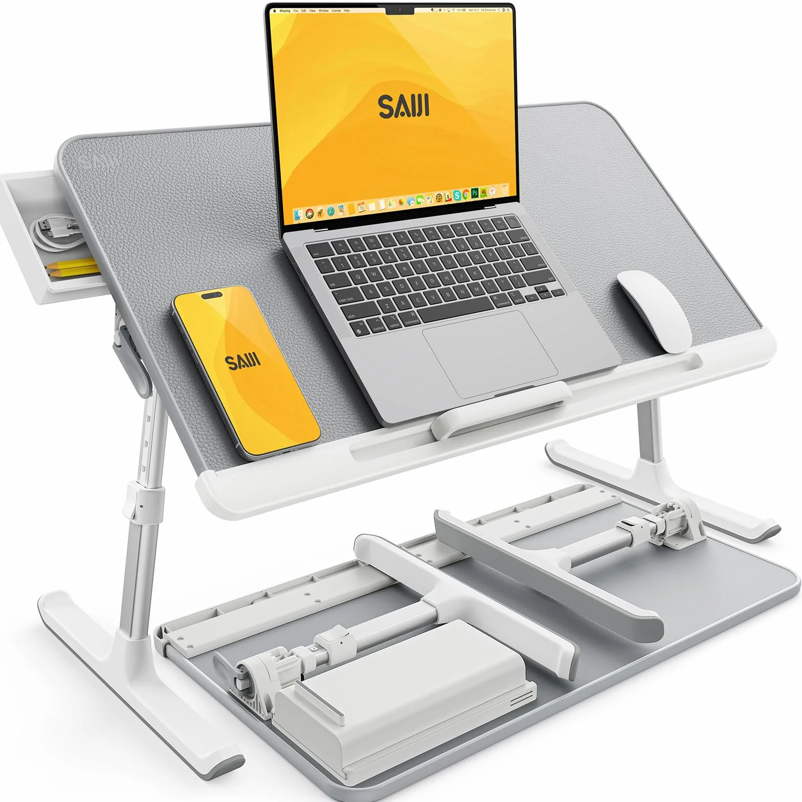SAIJITavolino Regolabile per Laptop, Pieghevole e Portatile, Cassetti per Oggetti, PVC Pelle