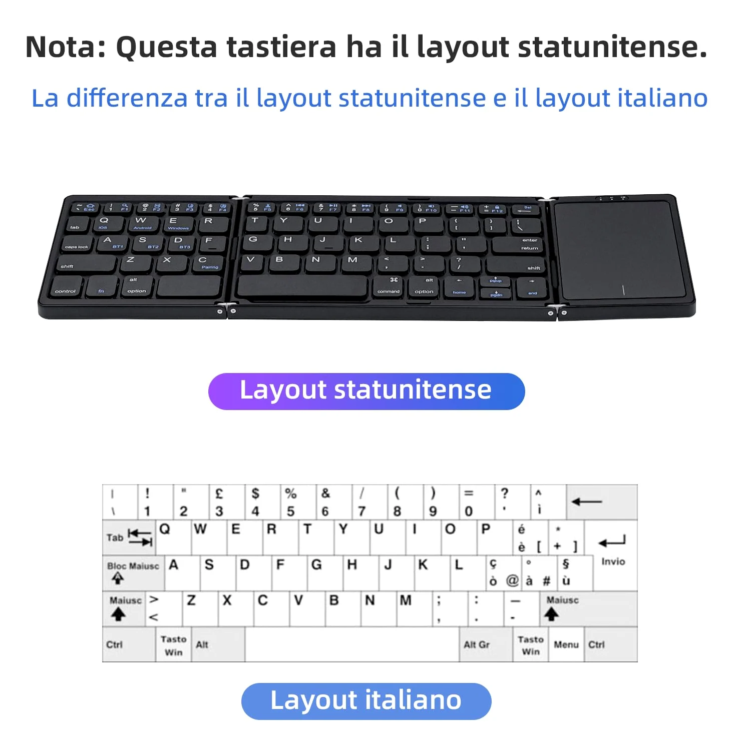 Mcbazel Tastiera senza fili pieghevole con touchpad per tablet/cellulare/PC, tastiera portatile senza fili ricaricabile supporta più dispositivi/iOS/Android/MacOS/Windows, Layout US – nero