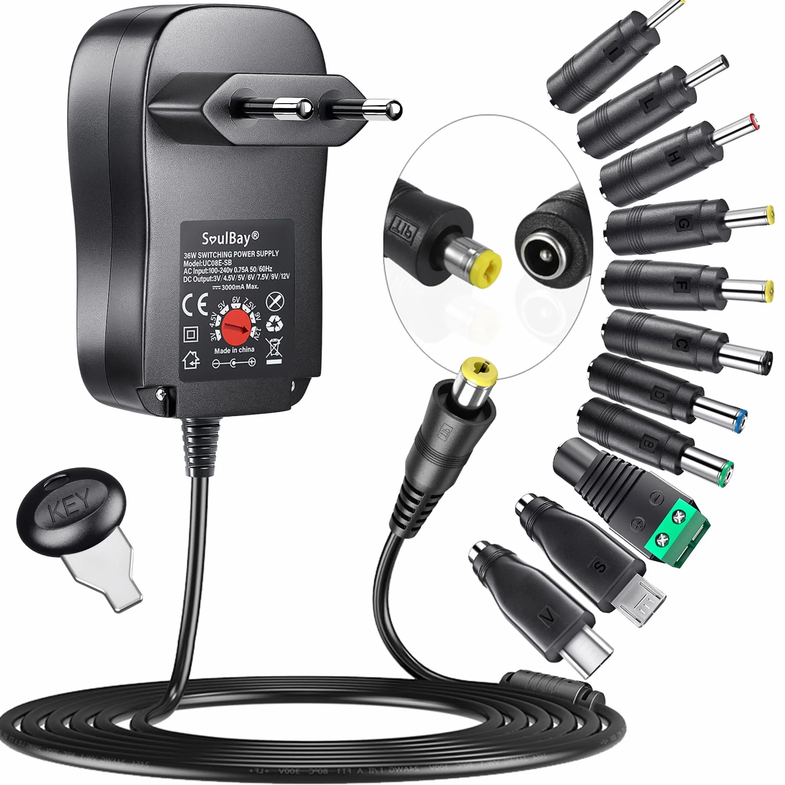 Soulbay 36W Alimentatore Universale 12V CA/CC Adattatore Caricatore 3000mA con 11 Punte DC Regolabili per 3-12V