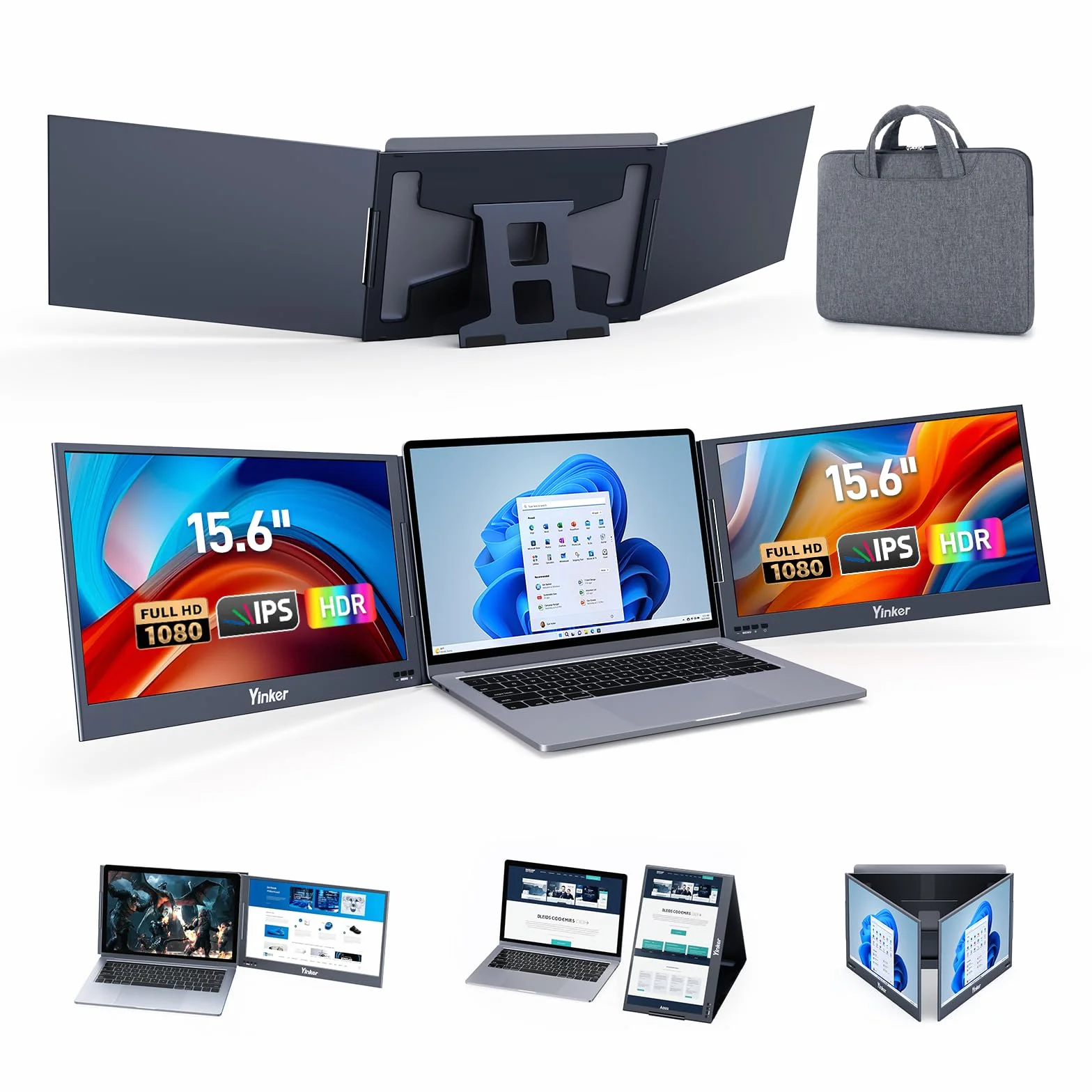 15,6” FHD triplo schermo laptop estensione UNO cavo di collegamento per laptop 11‘’-16‘’ ruotabile a 360° e ripiegabile per lavoro, viaggi, gioco