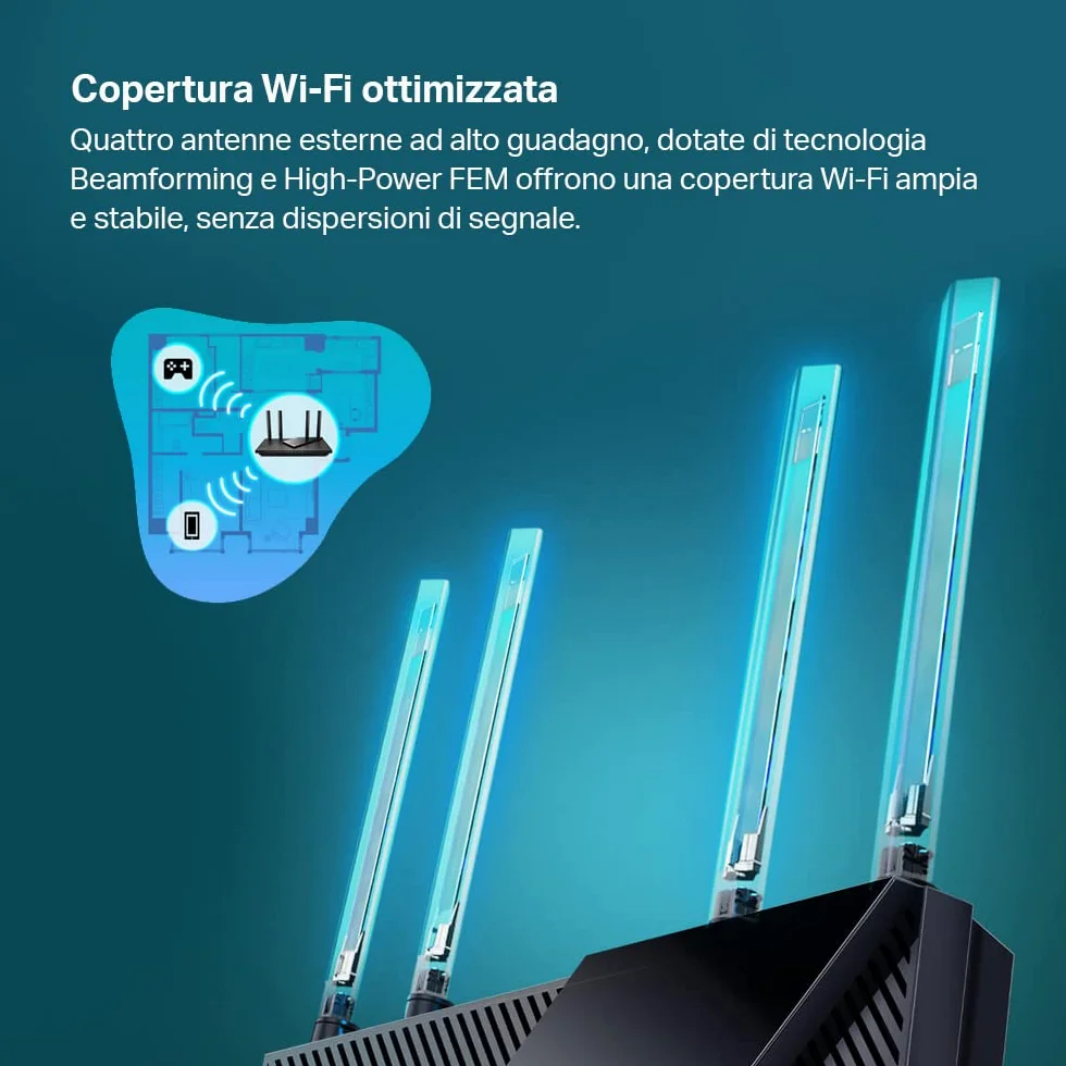 TP-Link Archer Ax55 Router Wifi 6 Dual-Band Ax 3000 Mbps, 5 Porte Gigabit, 1 Porta Usb 3.0, TP-Link Homeshield, Onemesh, Router F, Ftth, Fttb, Ethernet, Tether App, Compatibile Con Alexa, Nero