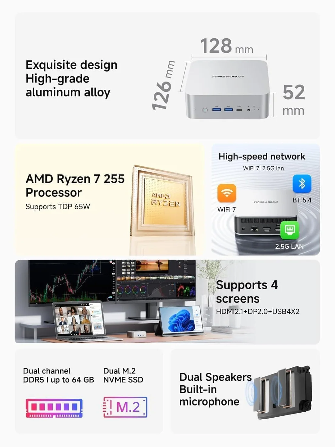 MINISFORUM AI X1-255 Mini PC AMD Ryzen 7 255 32GB DDR5 RAM 512GB SSD M.2 HDMI DP USB4 LAN 2.5G Wi-Fi 7 Bluetooth 5.4 OCuLink