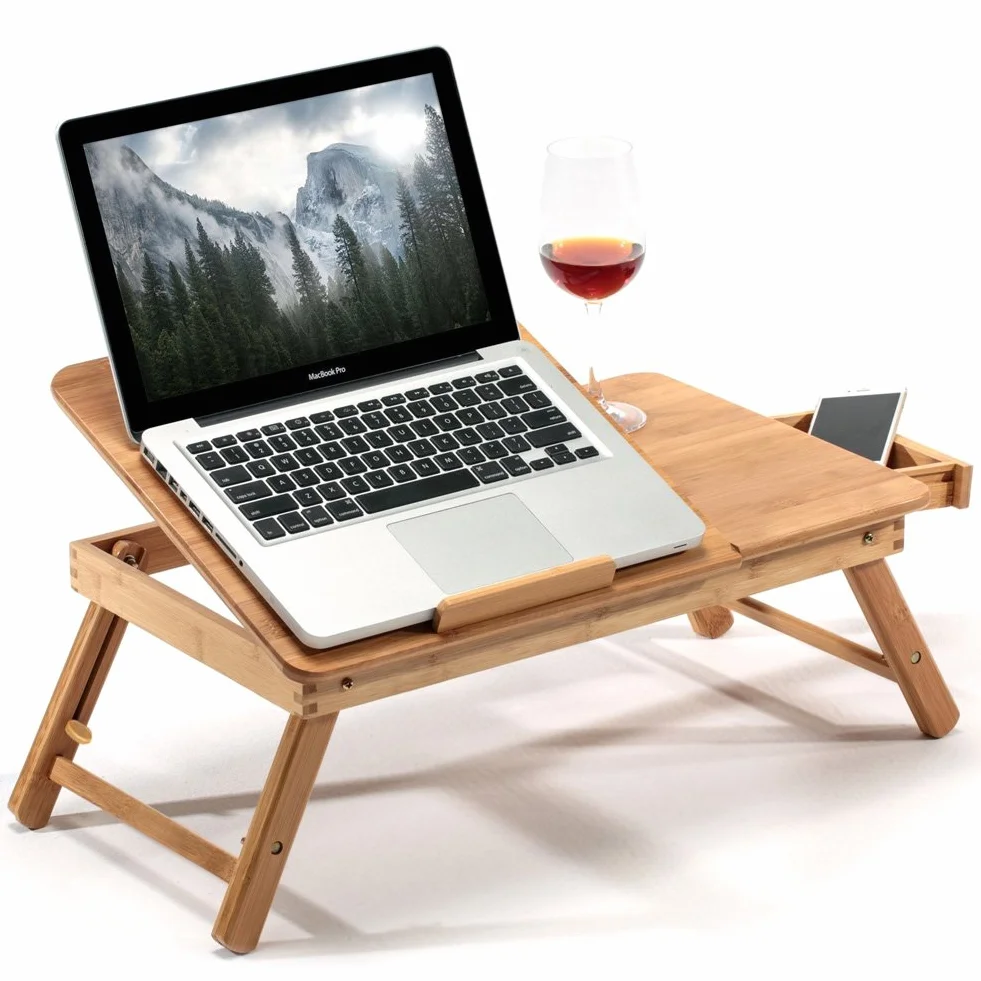 BAKAJI Tavolino Vassoio Colazione da Letto in bamboo, Con gambe pieghevoli ideale per Divano Porta Notebook Pc (60 x 30 x 25 cm)