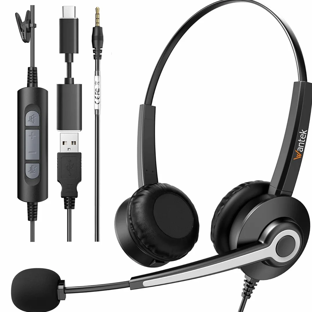 Wantek Cuffie con microfono USB 3,5 mm Jack Tipo C Adattatore Professioanl Cuffie con Cancelling Mic per Call Center Business Online Chat Corsi PC Smartphone MacBook